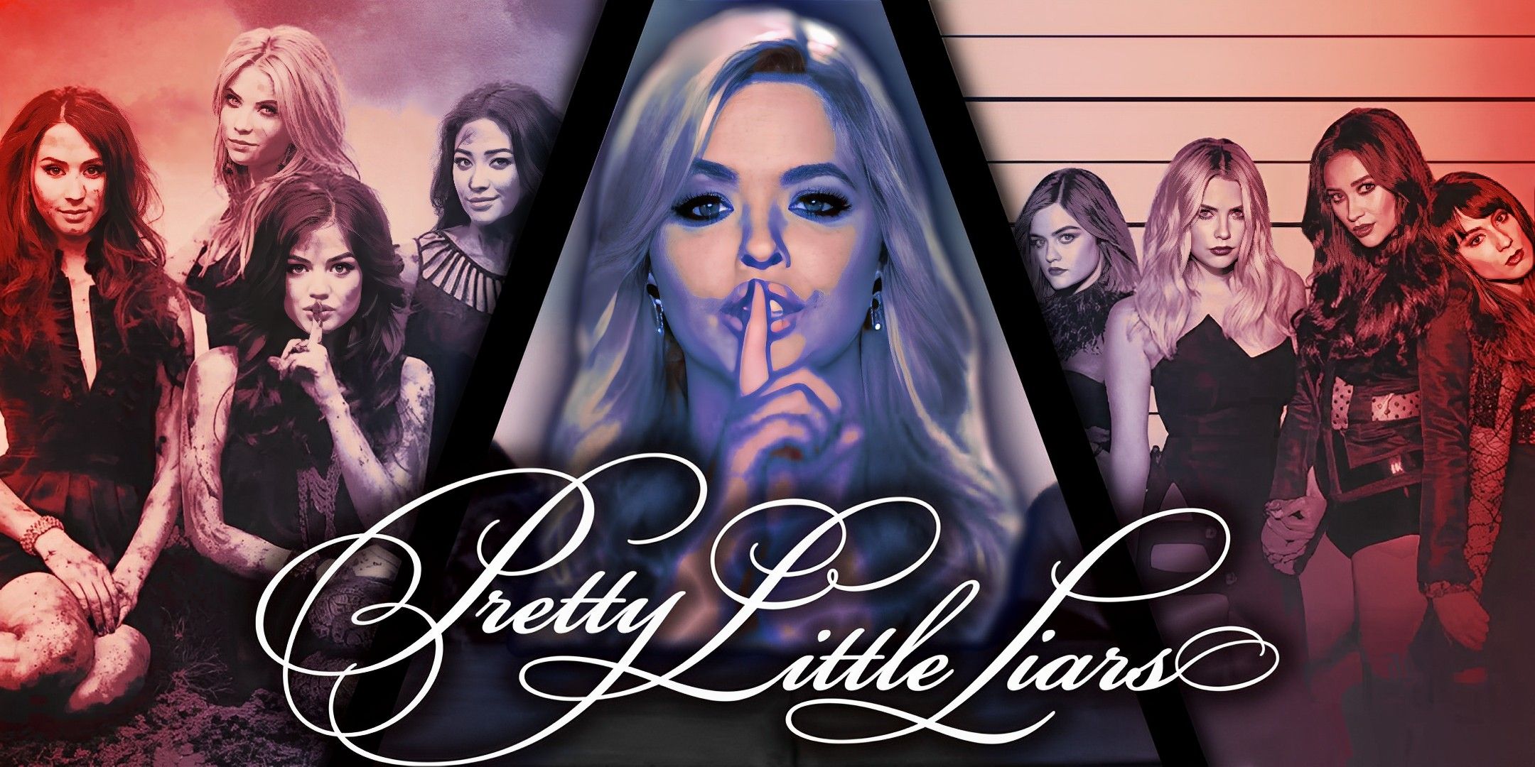 Ali DiLaurentis with her finger to her lips with the S1 and S6 posters for Pretty Little Liars.