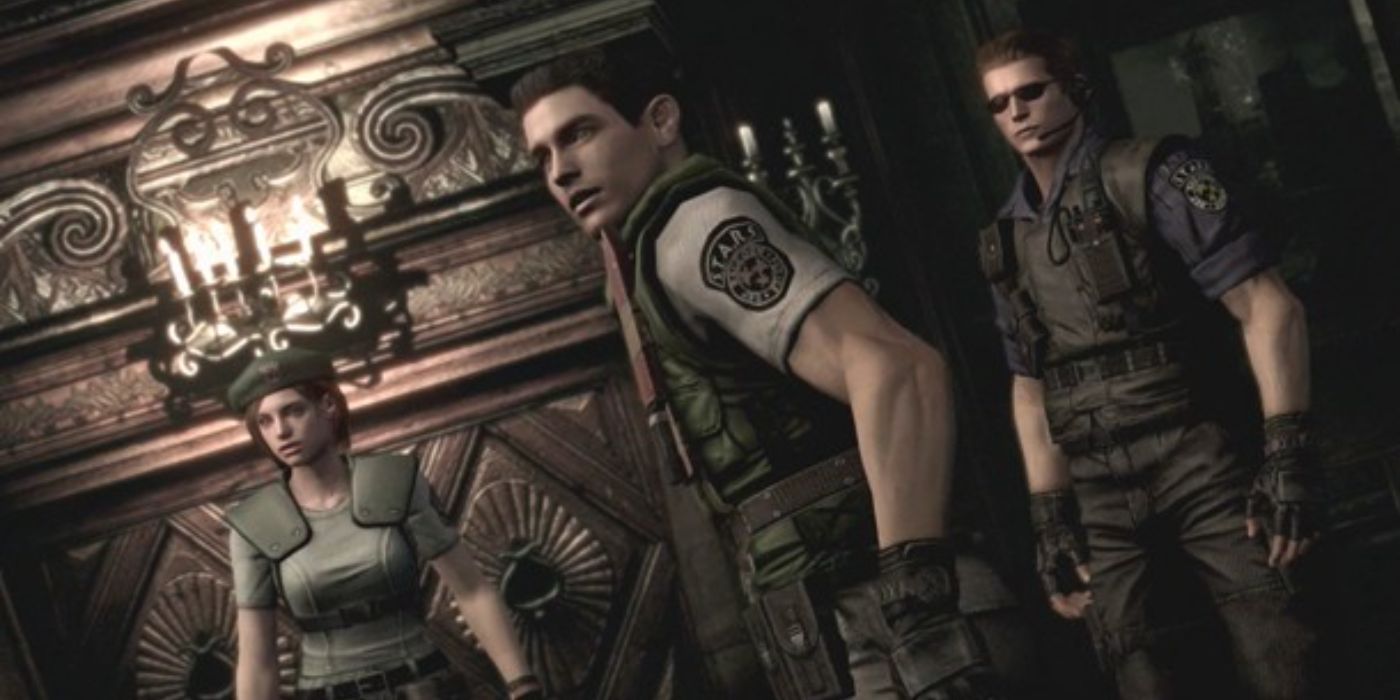 Jill Redfield, Chris Redfield y Albert Wesker parecen sorprendidos en la nueva versión de Resident Evil de 2002.