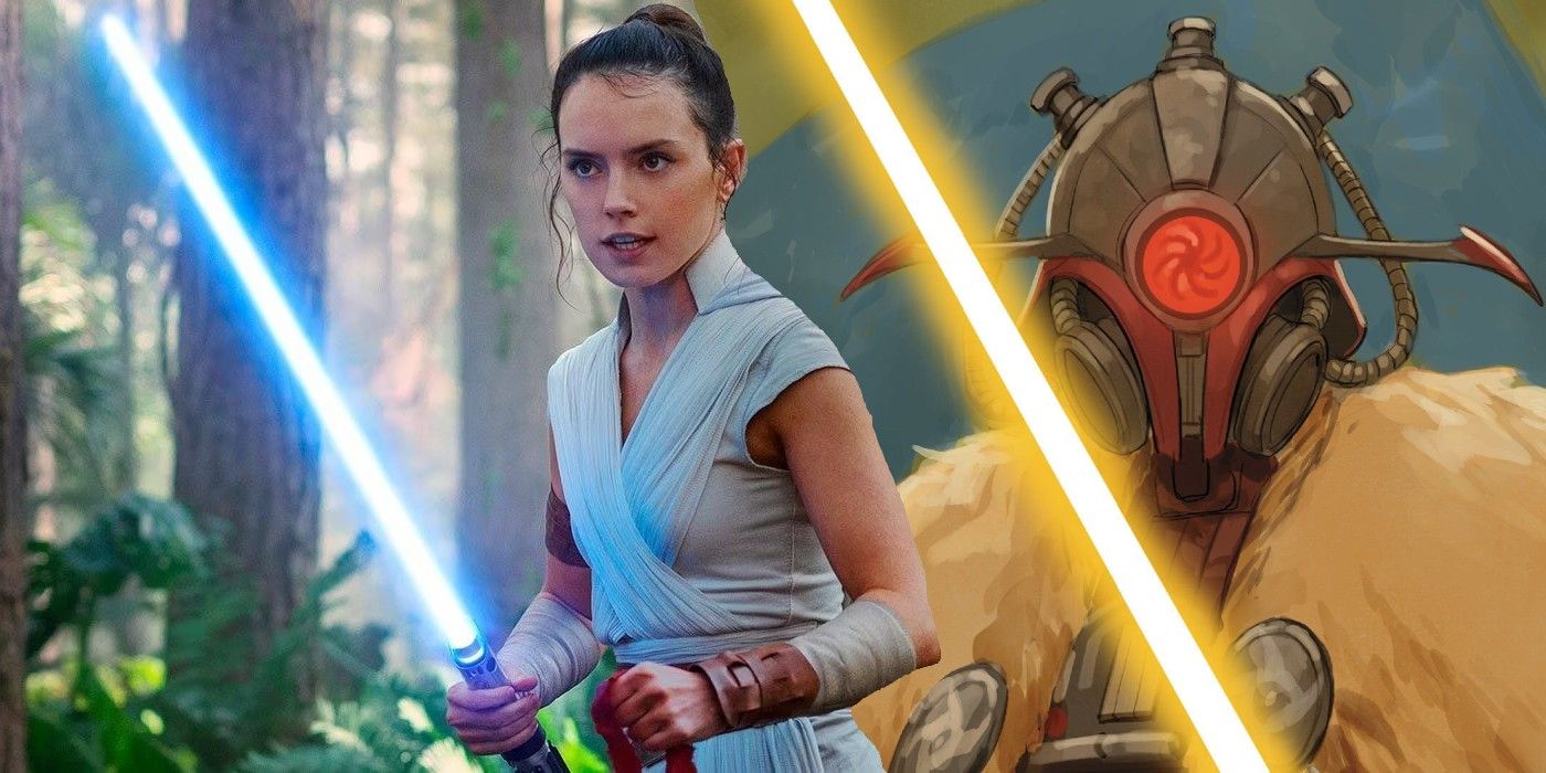 Rey and Marchion Ro holding lightsabers