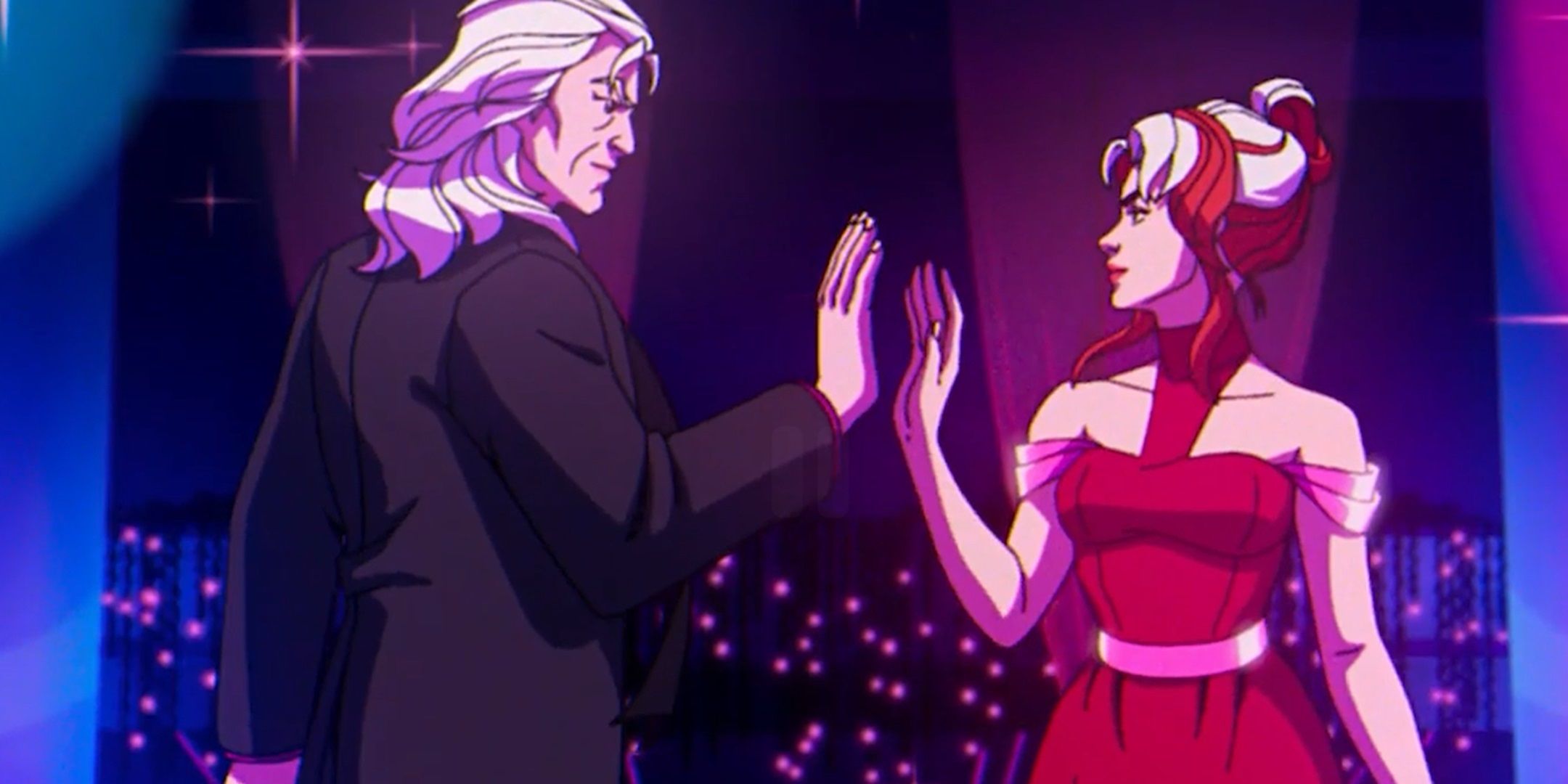Rogue and Magneto touching hands