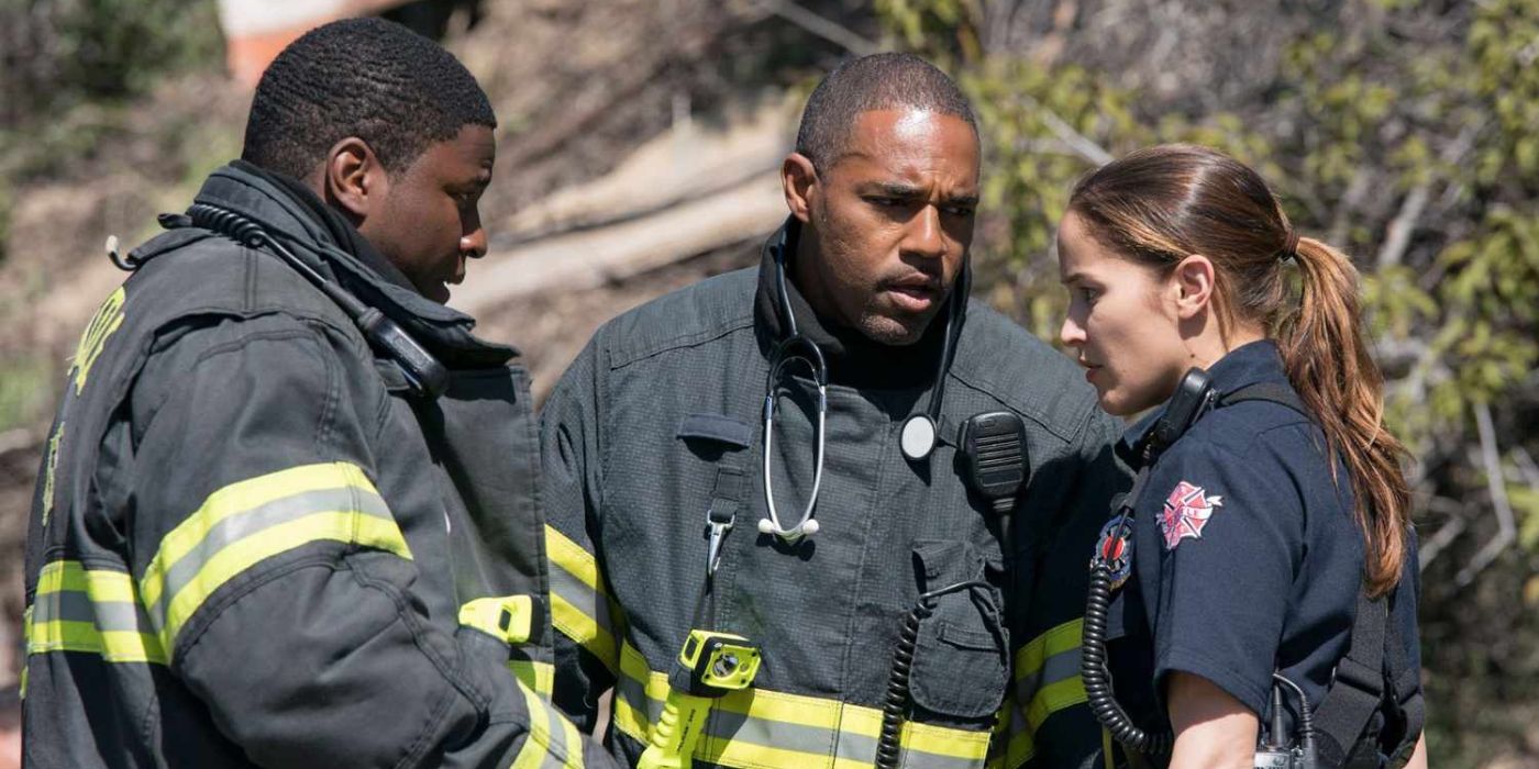 S1 Okieriete Onaodowan as Dean Miller, Jason George as Ben Warren, and Jaina Lee Ortiz as Andy Herrera on Station 19