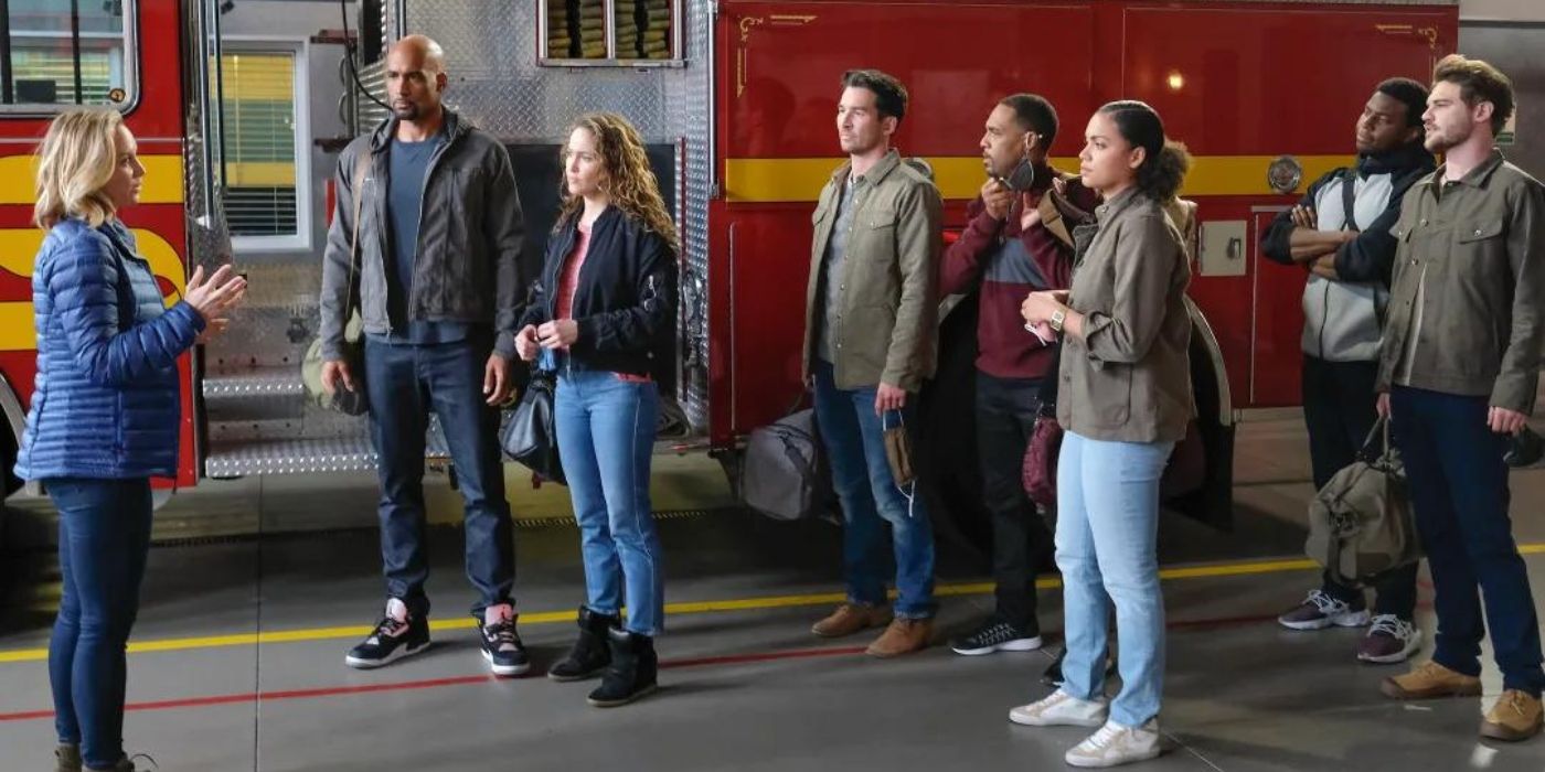 S4 Danielle Savre as Maya Bishop talks to the team on Station 19 L to R_ Boris Kodjoe as Robert Sullivan, Jaina Lee Ortiz as Andy Herrera, Jay Hayden as Travis Montgomery, Jason George as Ben Warren, Barrett Doss as Victoria Hughes,