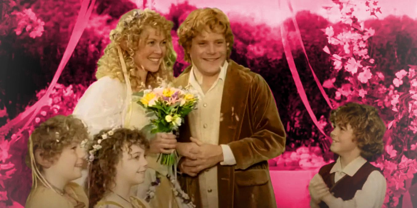 Sam and Rosie at their wedding from The Lord of the Rings: The Return of the King against a pink background
