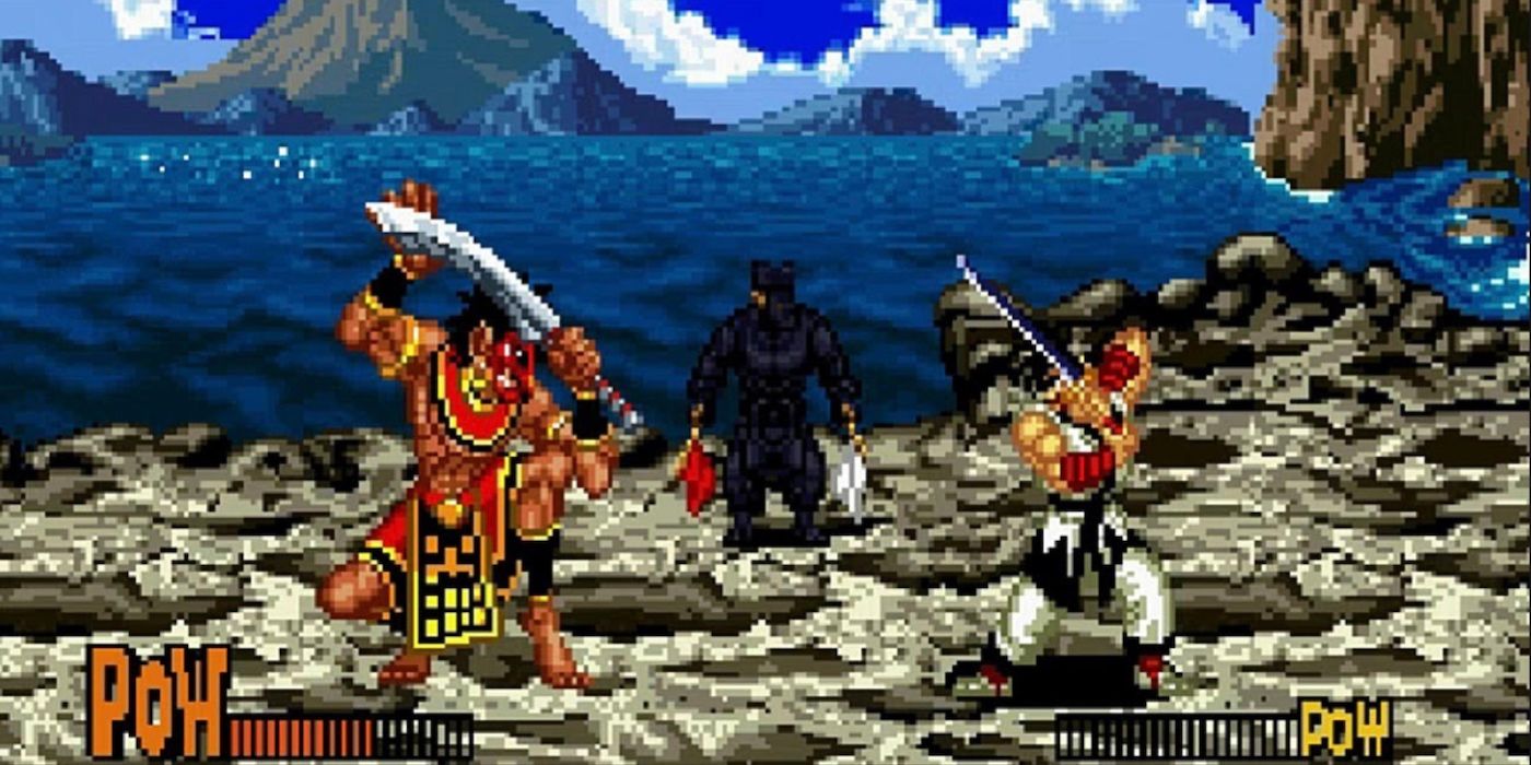 A versus match plays out in the Super Nintendo's Samurai Shodown.