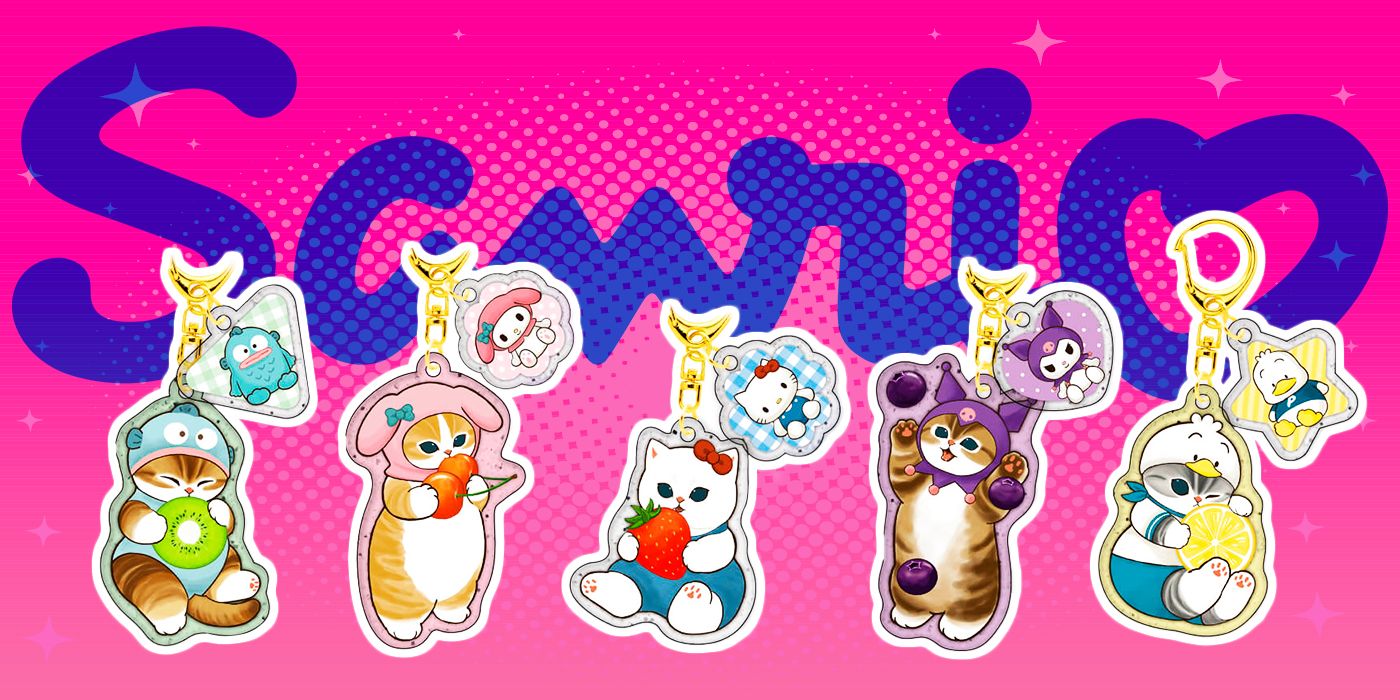 The Sanrio logo behind keychains featuring cats dressed up as Hello Kitty and friends.