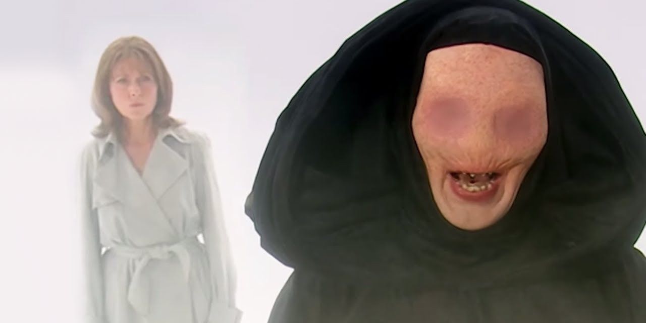 Sarah Jane Smith and the Trickster standing in a white void in The Sarah Jane Adventures.