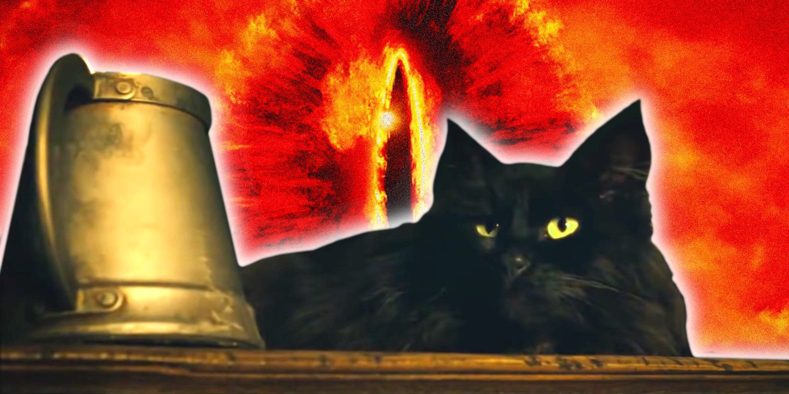 The cat in The Prancing Pony in front of the Eye of Sauron from The Lord of the Rings