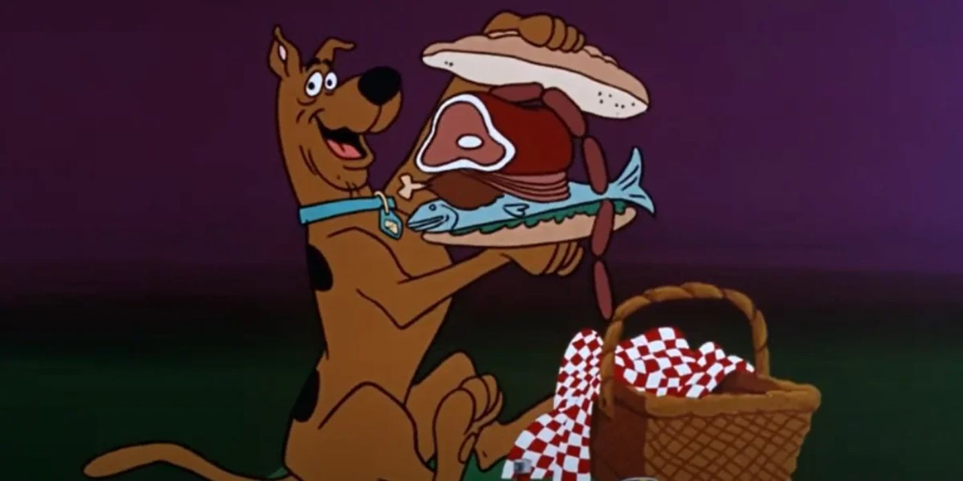 Scooby Doo snacks a huge sandwich made of meat, chicken, and fish