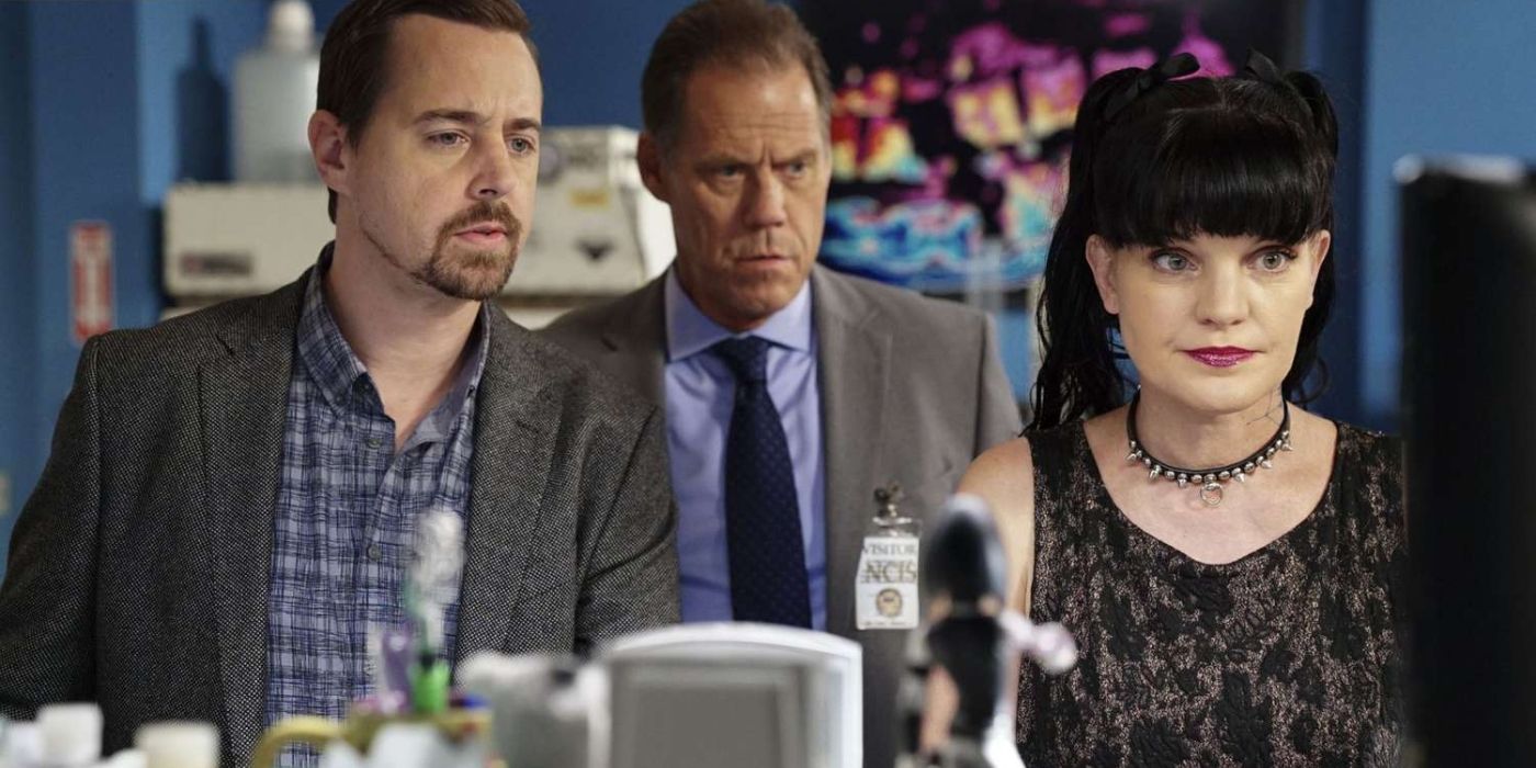 Sean Murray as Tim McGee and Pauley Perrette as Abby Sciuto look at evidence with a client on NCIS