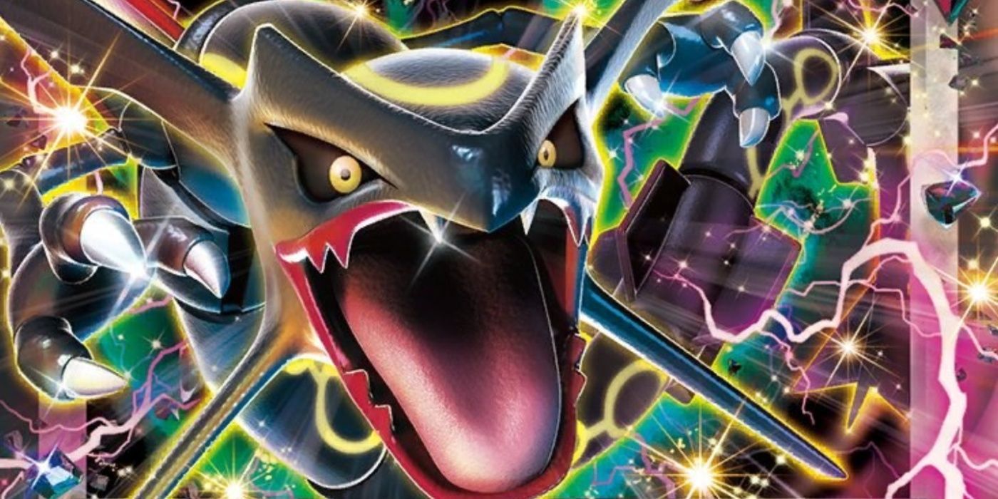 Um brilhante Rayquaza ex ruge em Poké Mon TCG Artwork.