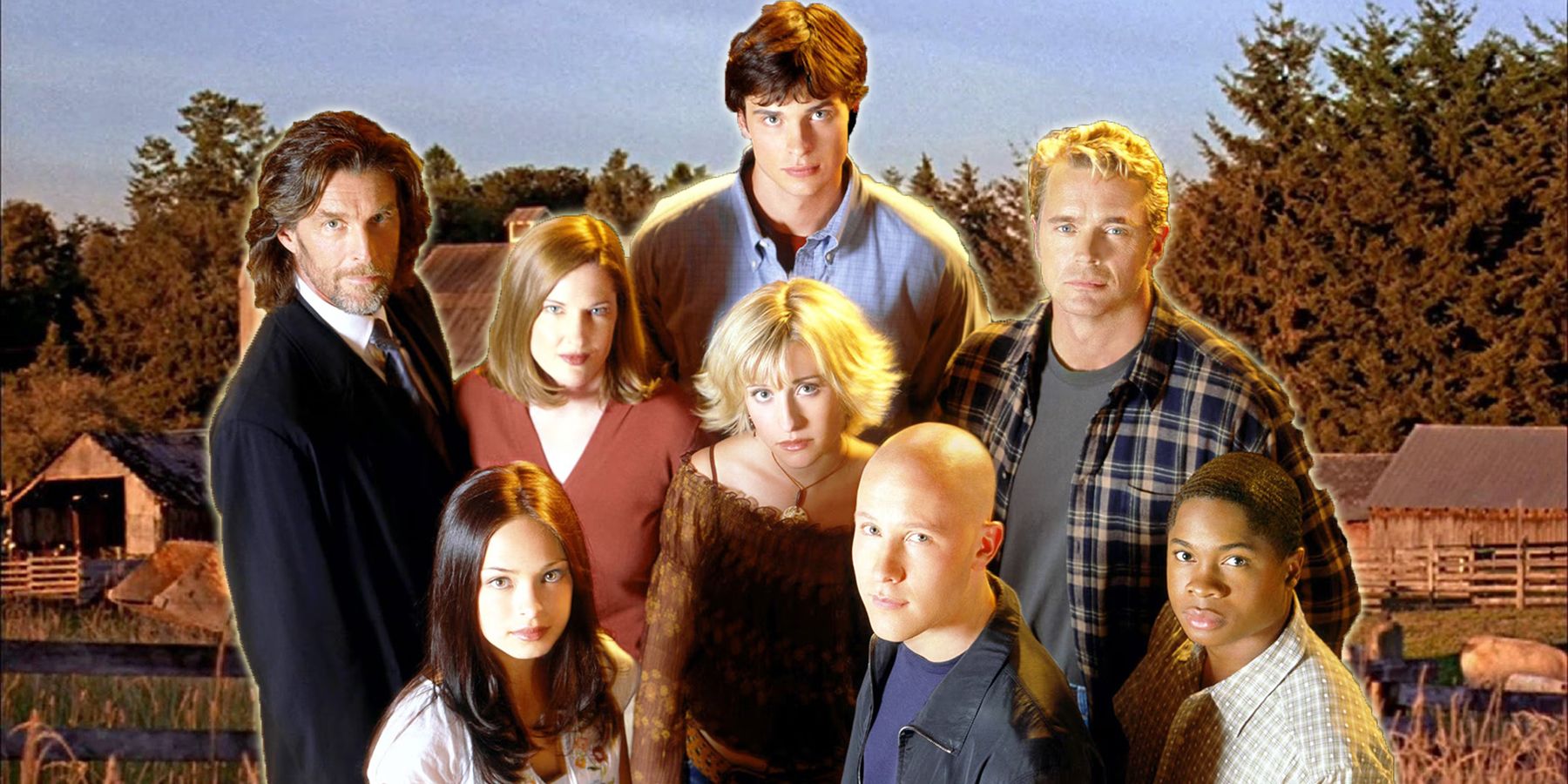 the cast of smallville overlaying the Kent family farm