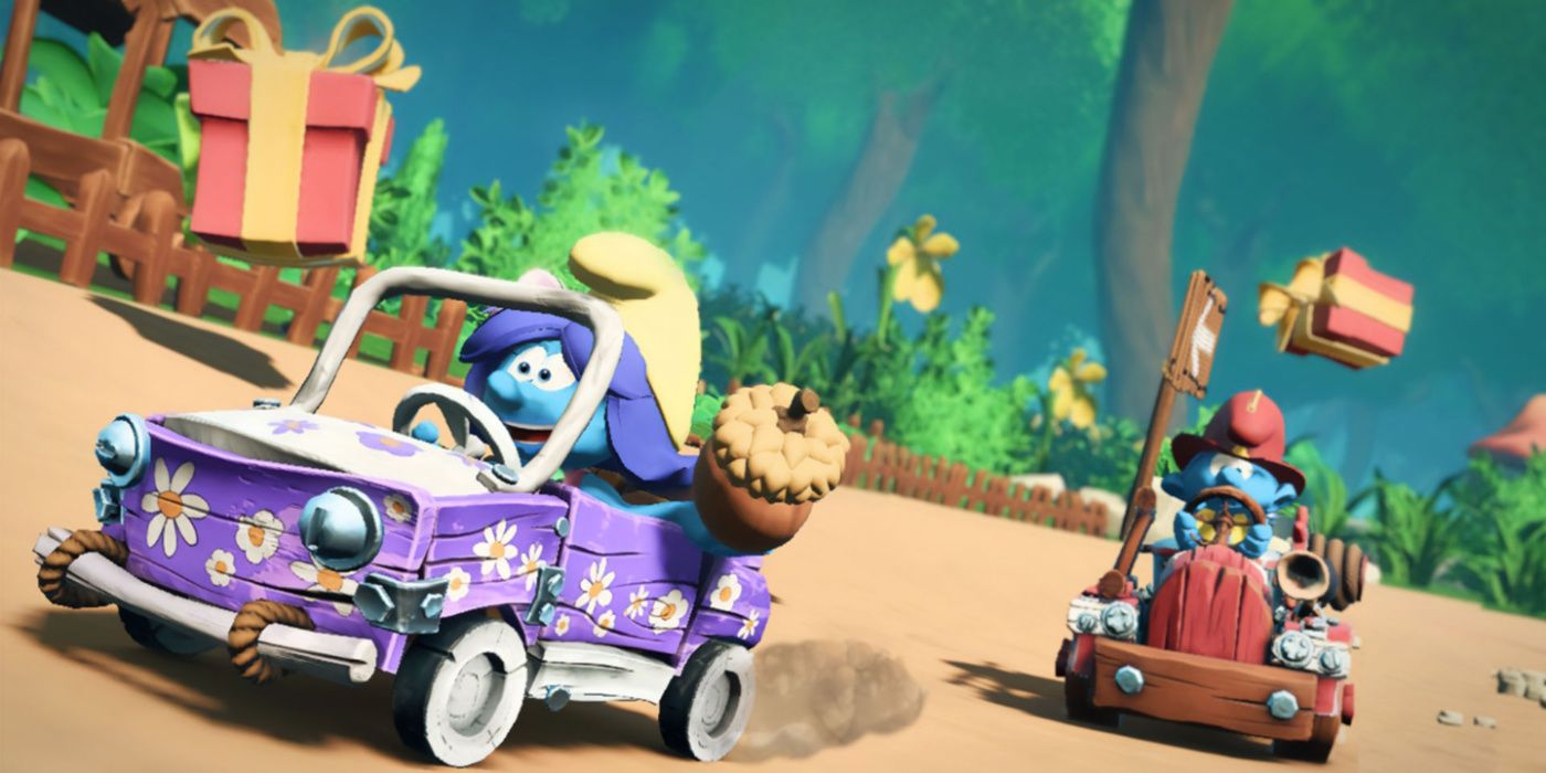 A jogabilidade do Smurfs Kart ainda apresenta dois personagens competindo entre si.