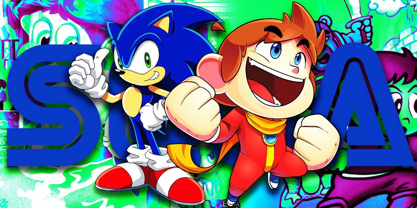 A composite image of Sonic and Alex Kidd with the SEGA logo in the background