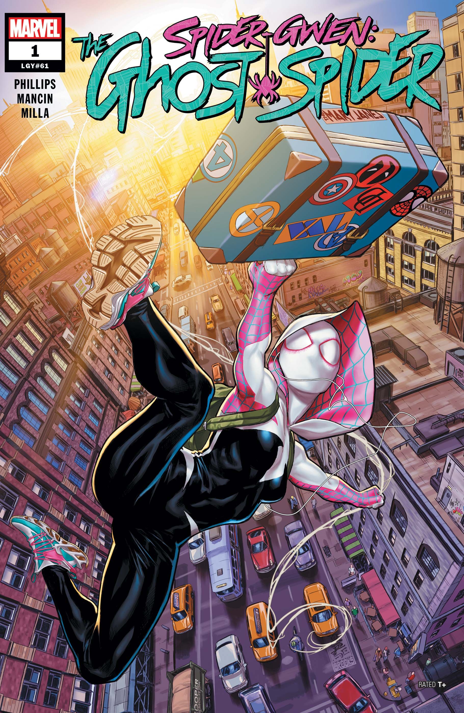 Spider-Gwen with her suitcase swinging above the city