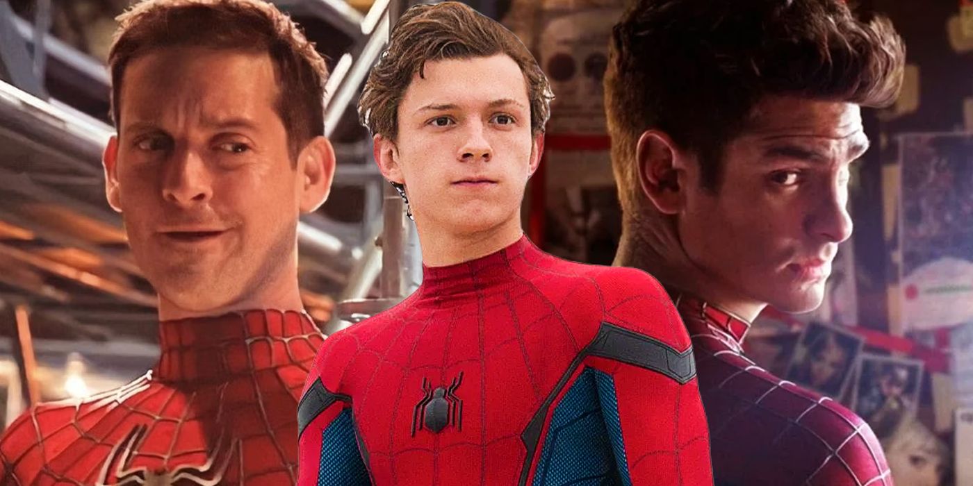 Tobey Maguire, Tom Holland, and Andrew Garfield as their respective versions of Spider-Man