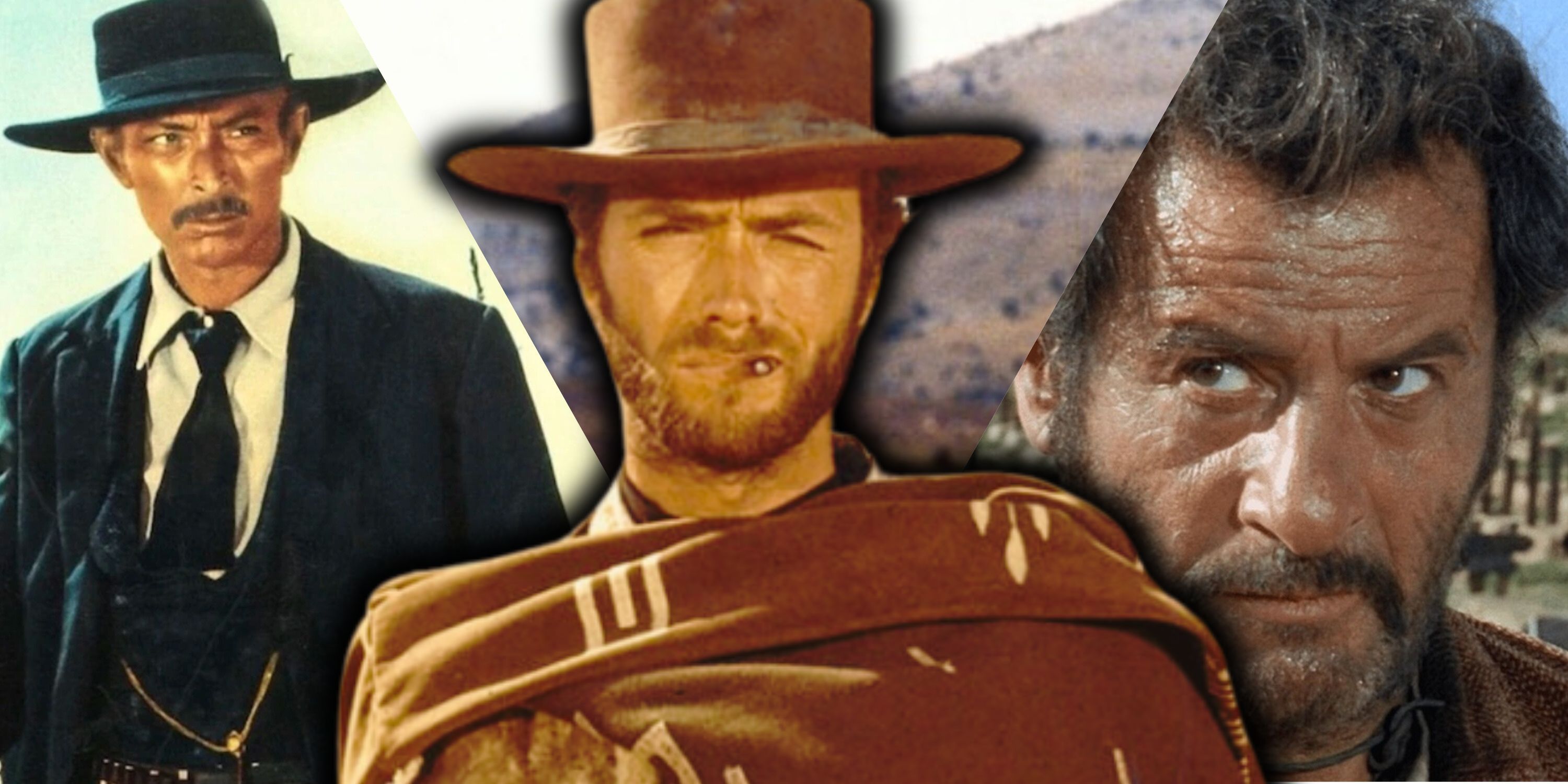 composite image Lee Van Cleef as Mortimer, Clint Eastwood as Man With No Name, Eli Wallach as Tuco