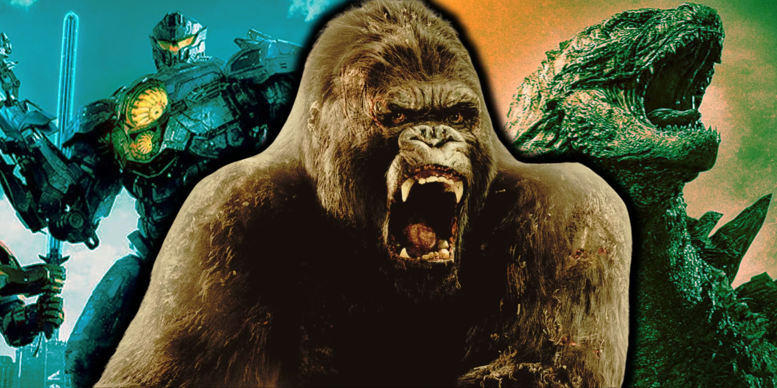 Composite image Pacific rim jaegers, King Kong, Godzilla