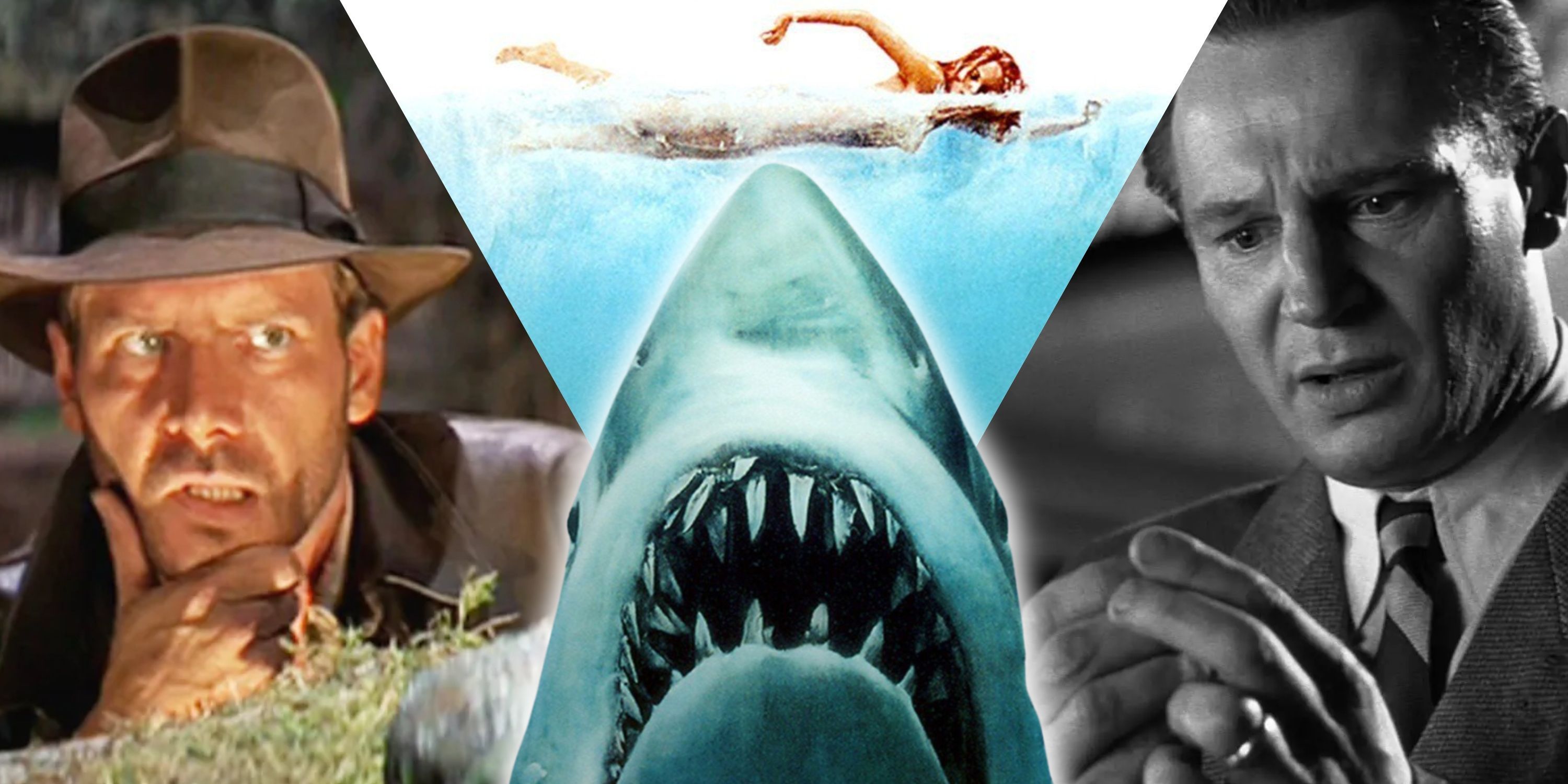Composite image Indiana Jones, Jaws shark, Liam Neeson as Oskar Schindler