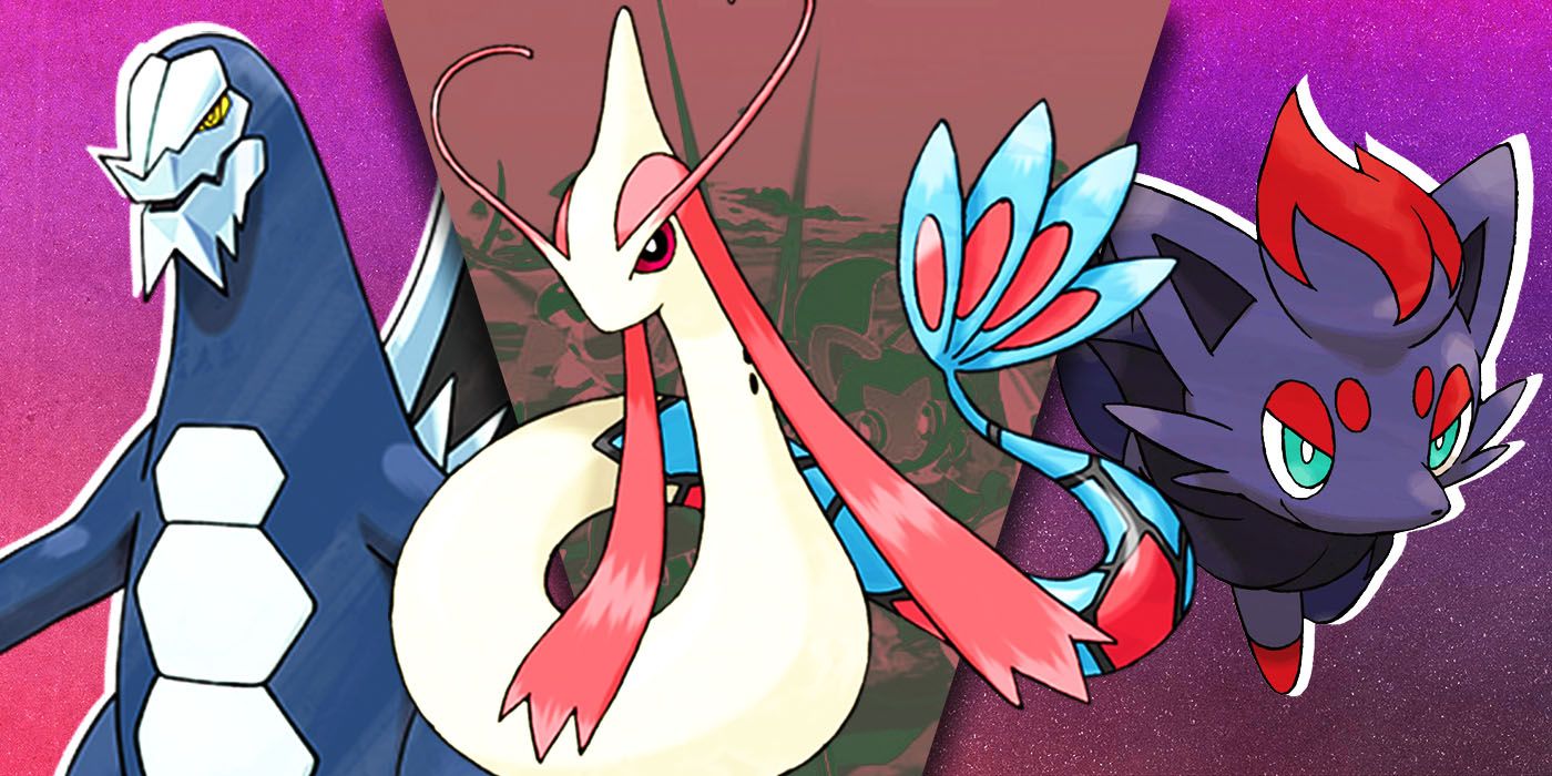 Separate images of Baxcalibur, Milotic and Zorua