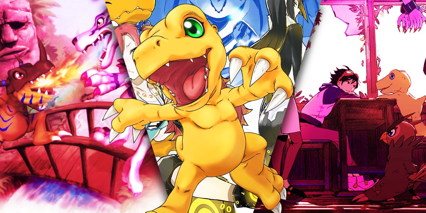 Split Images of  Digimon Rumble Arena 2, Digimon Story Ciber Sleuth, and Digimon Survive
