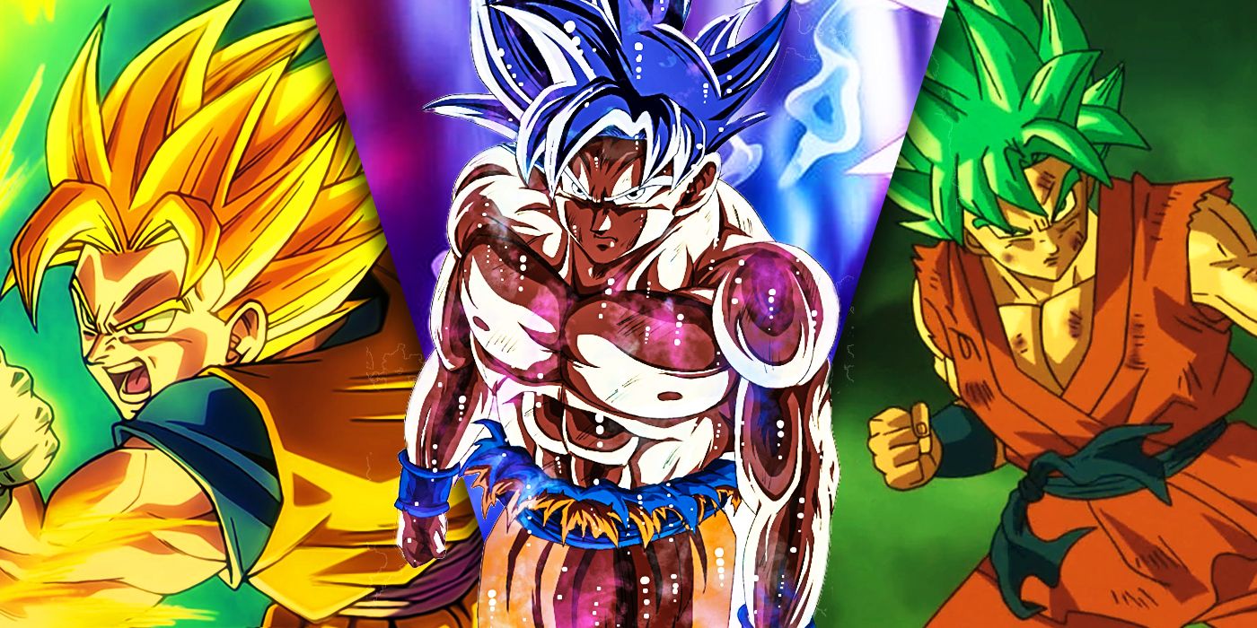 Split Images of Goku Saiya, Ultra Instinct, and Saiyan Blue