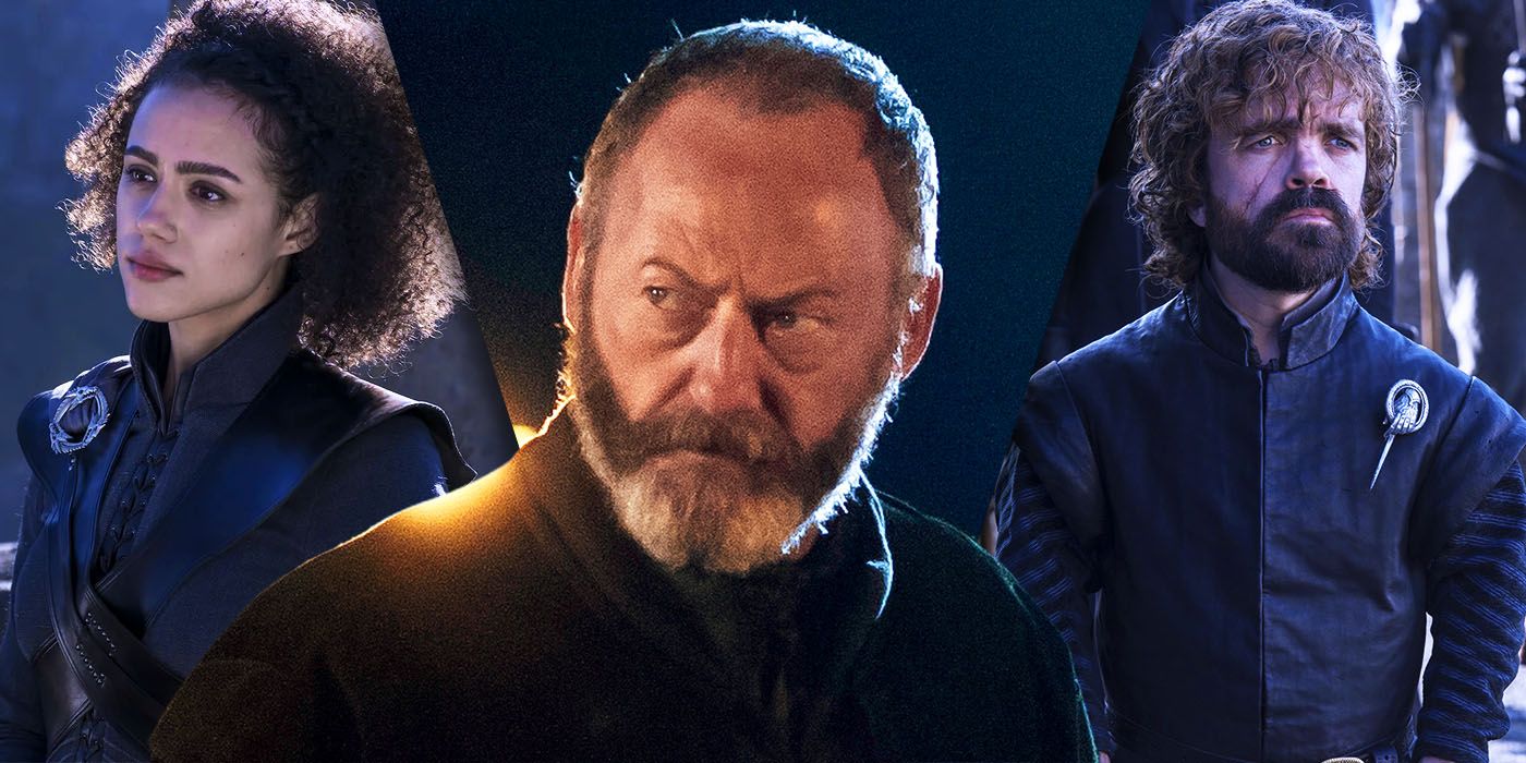Split Images of Missandei, Davos Seaworth, and Tyrion Lannister