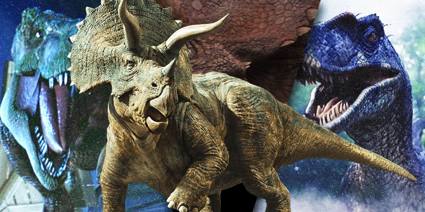 Split Images of Trex, Triceratops, and Velociraptor