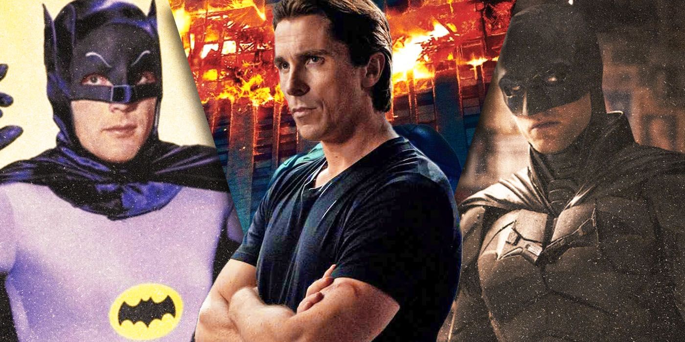 Split Imageso of Adam West, Christian Bale, and Robert Pattinson's Batmans