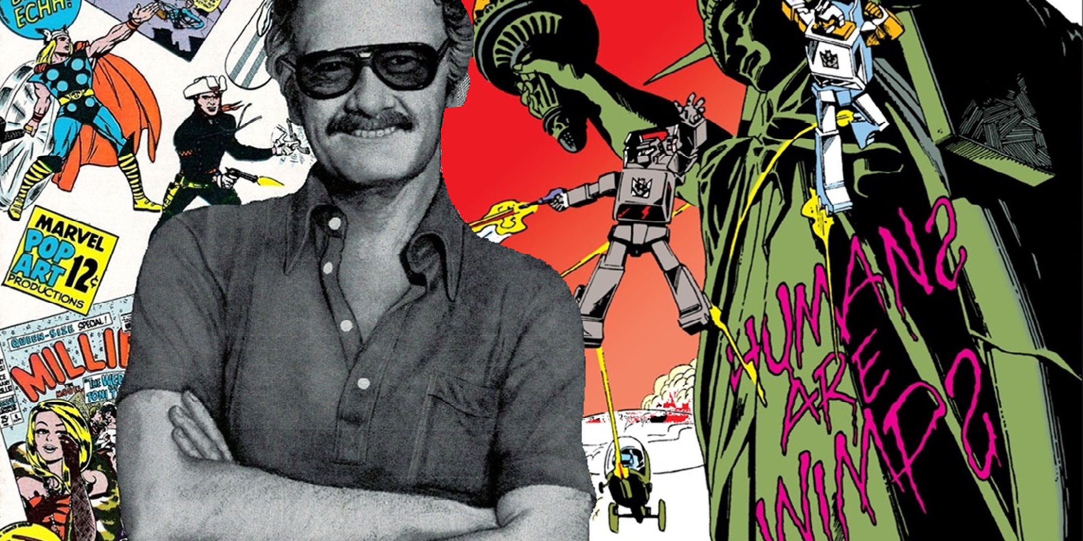 Stan Lee next to a Transformers cover
