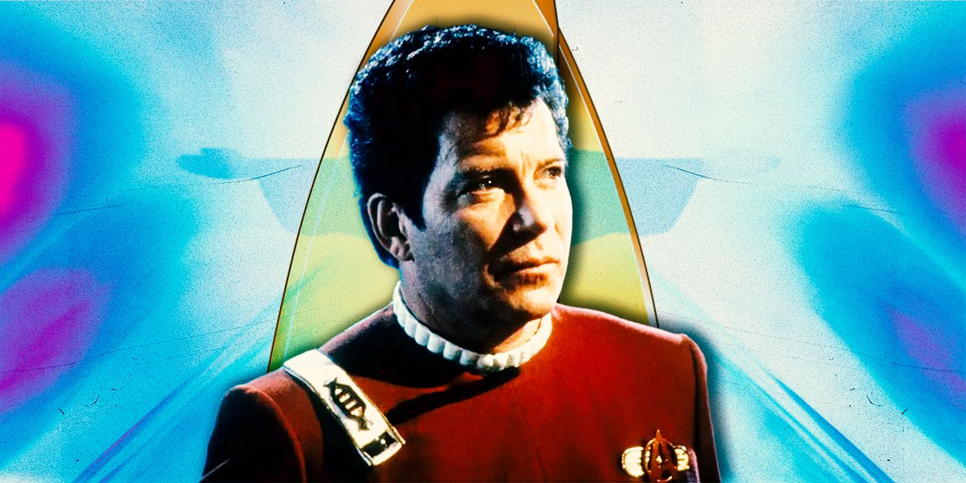 Captain James T Kirk infront of a bright light and the Star Trek symbol