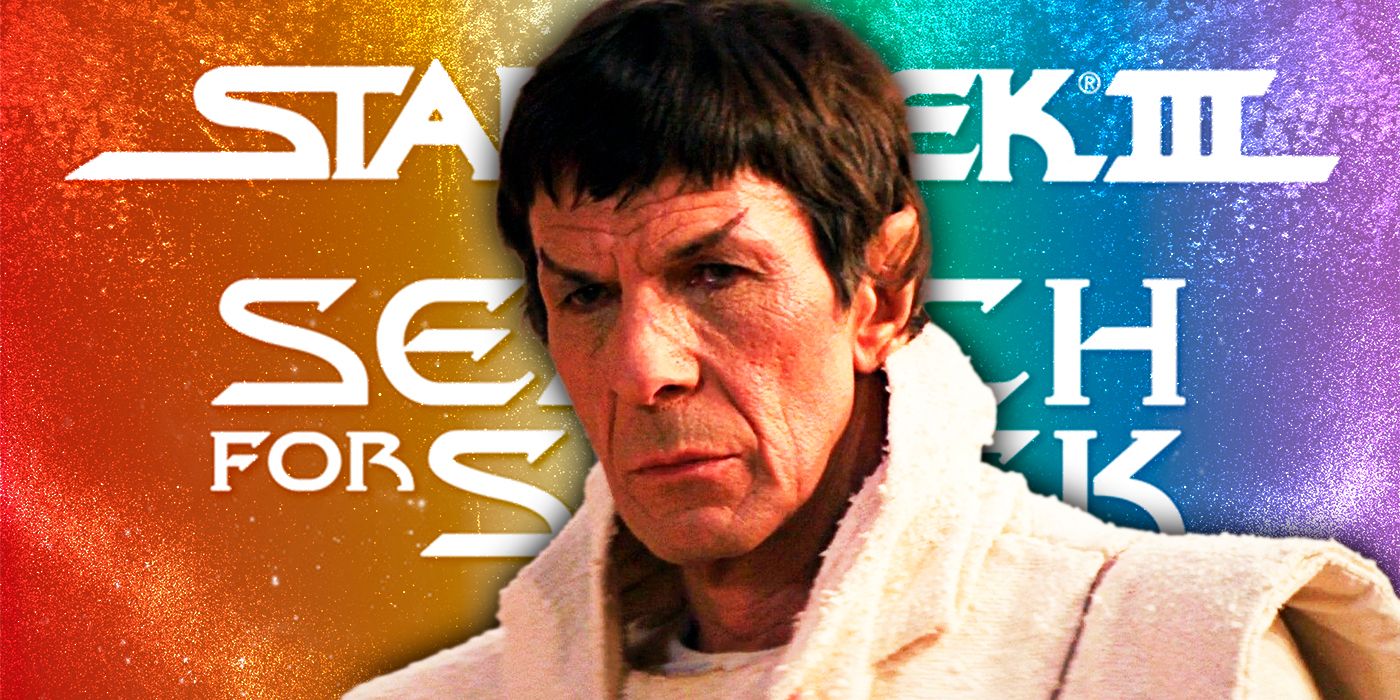 Spock (actor Leonard Nimoy) in front of Star Trek III title on rainbow background