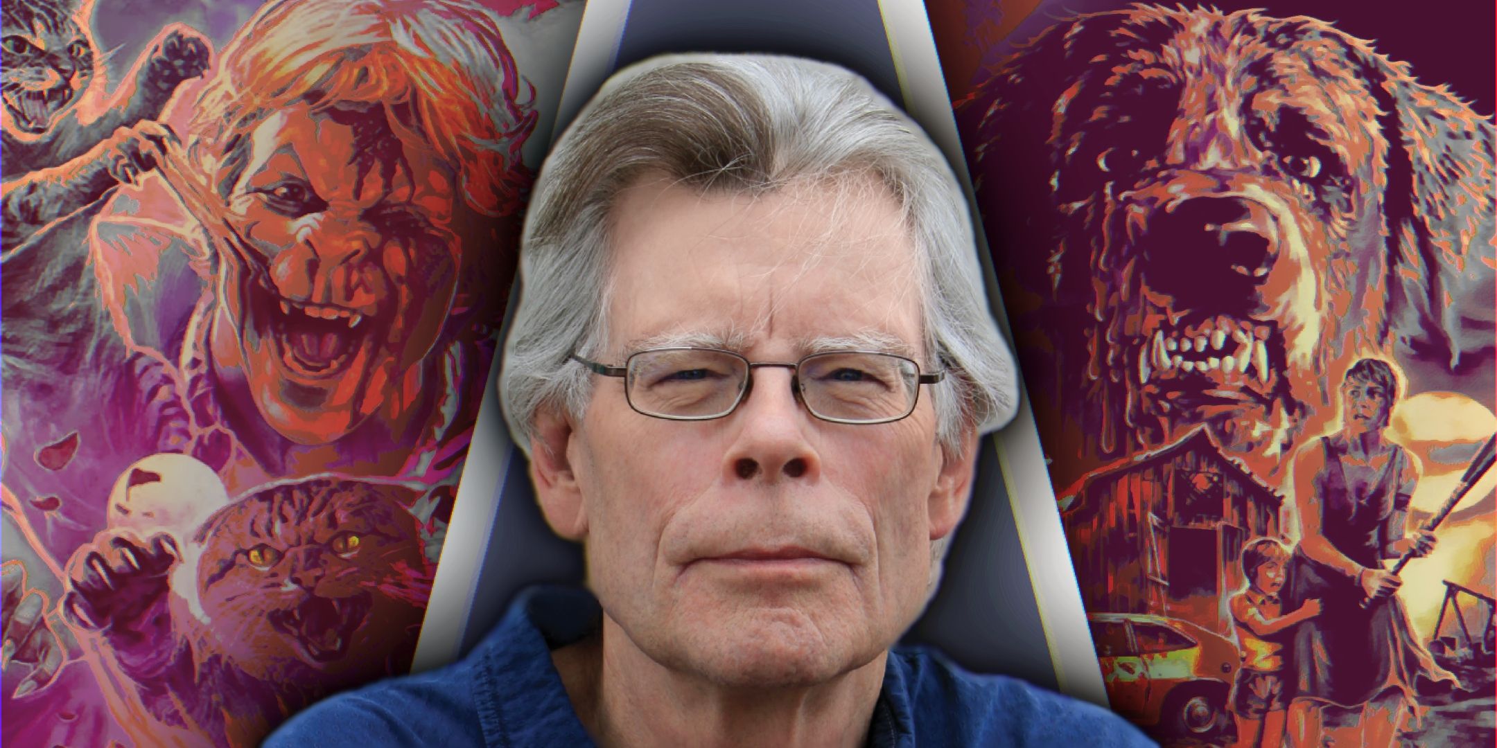 A close-up of Stephen King alongside cartoon-ish posters for Sleepwalkers and Cujo.