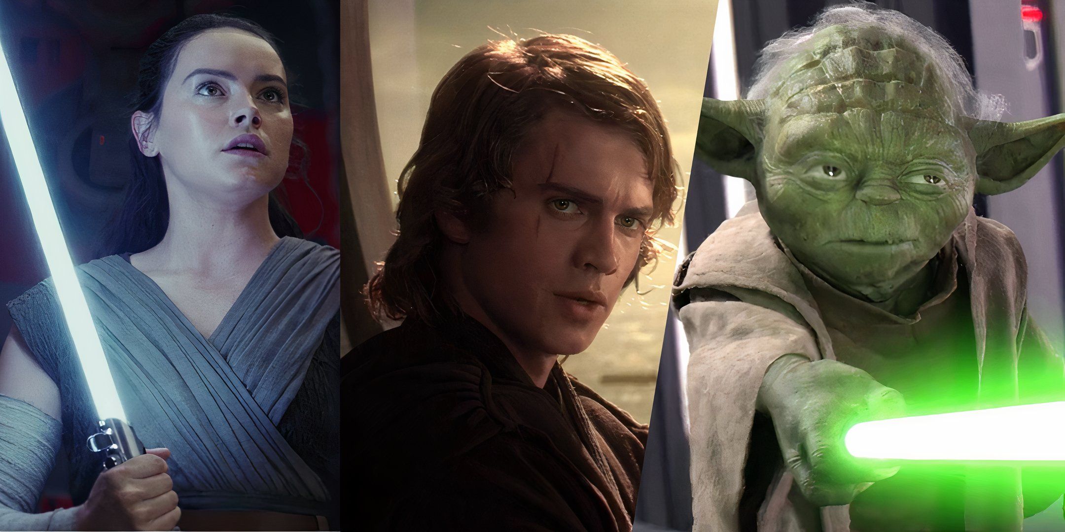 Rey and Yoda with their lightsabers drawn, and Anakin in the center, from Revenge of the Sith and The Last Jedi.