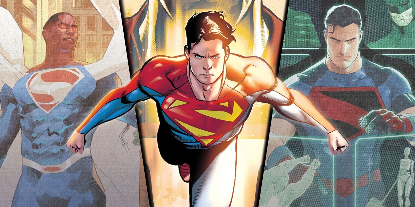 Split image of Val-Zod, Jon Kent, and Clark Kent in modern Superman costumes from the comics