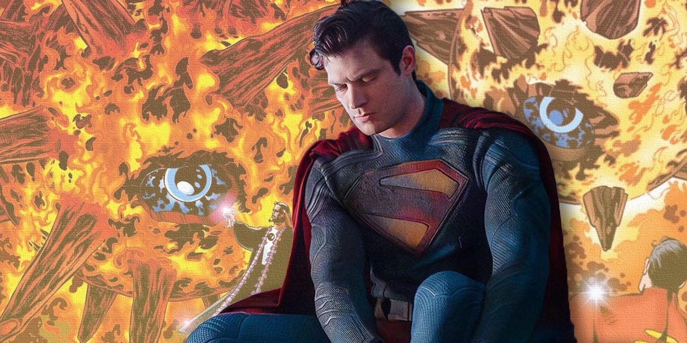 David Corenswet as Superman with Solaris the Tyrant Sun in the background