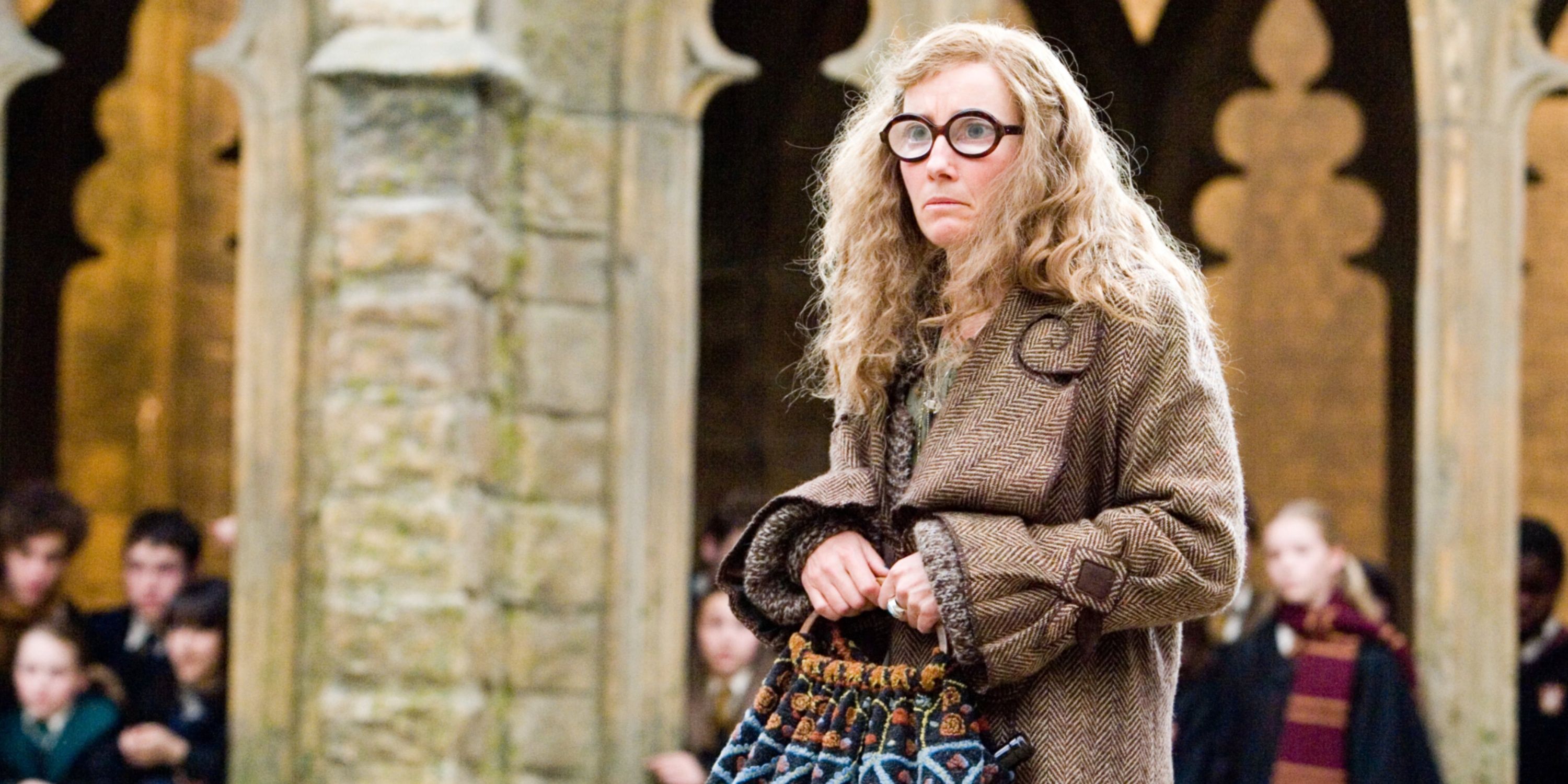 Sybill Trelawney at Hogwarts grabbing her purse in Harry Potter