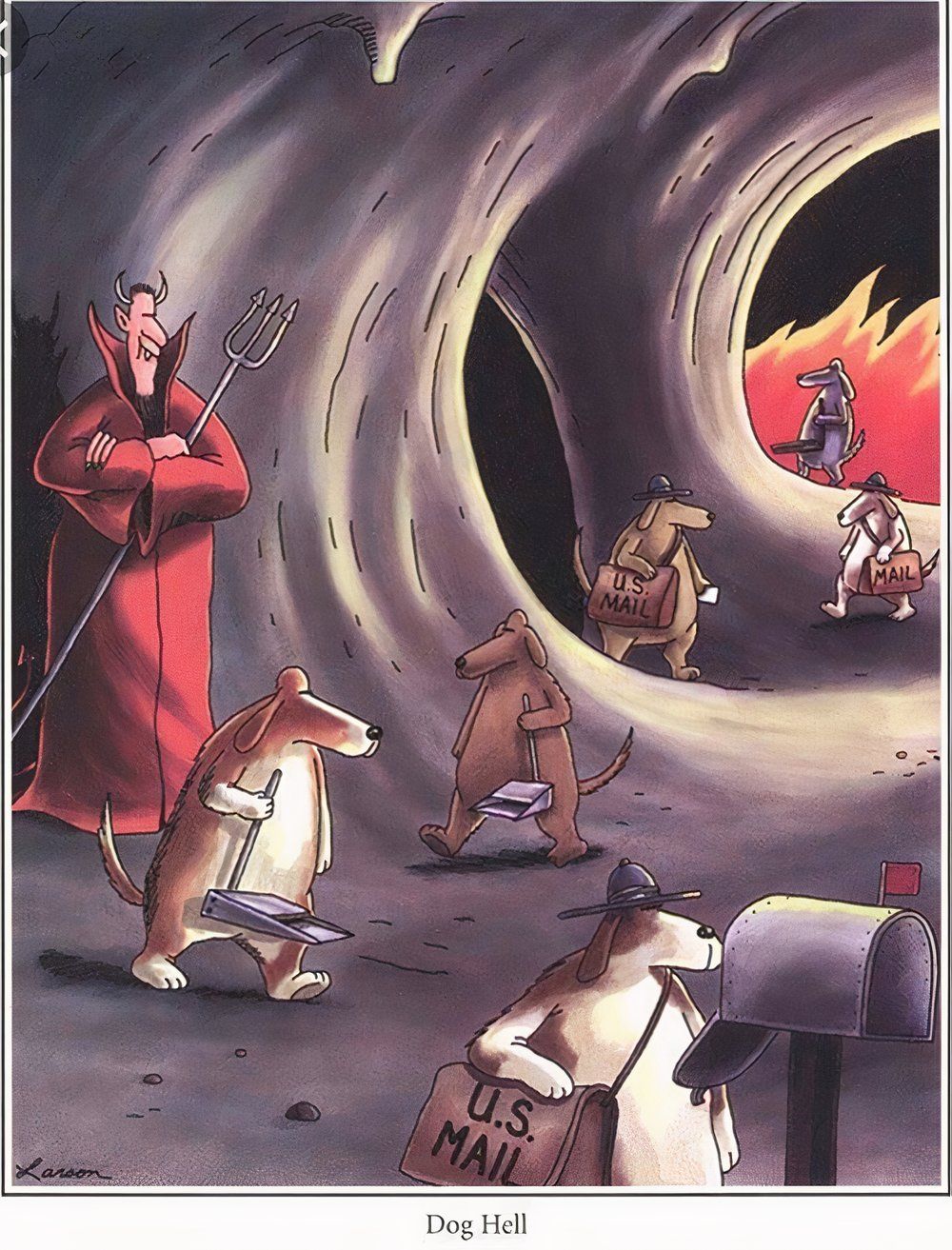 In the “Dog Hell” version of “The Far Side,” dogs shovel poop and deliver mail.