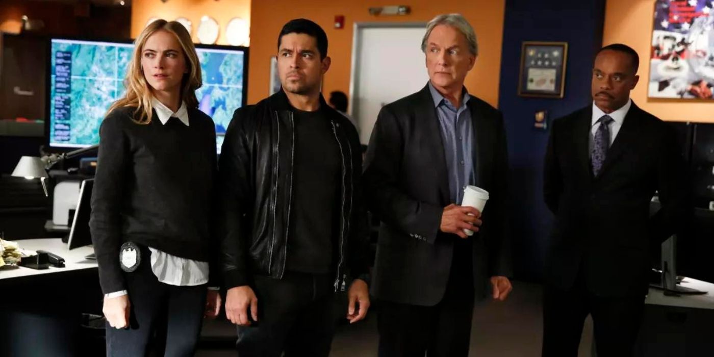 The team discusses the case on NCIS L to R Emily Wickersham as Eleanor Bishop, Wilmer Valderrama as Nicholas Torres, Mark Harmon as Jethro Gibbs, and Rocky Carroll as Leon Vance