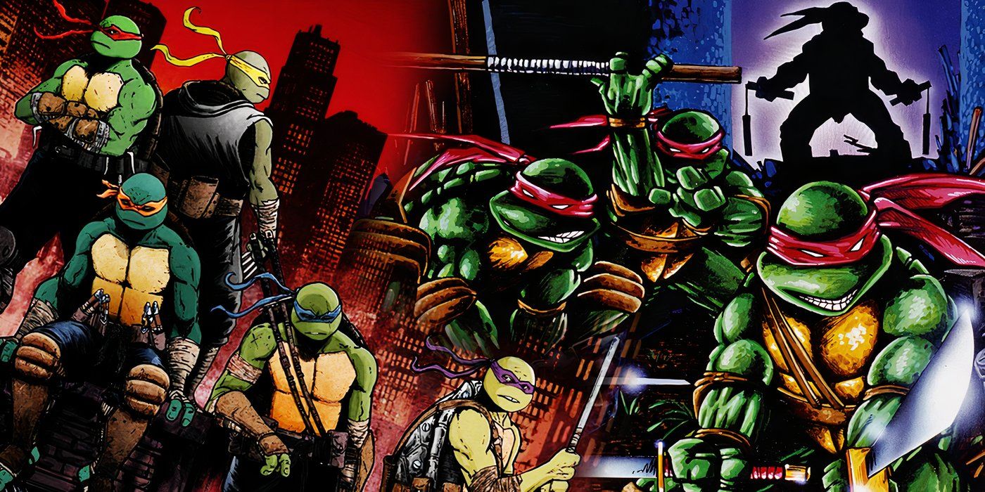Split image of the Mirage Studios and IDW versions of the Teenage Mutant Ninja Turtles