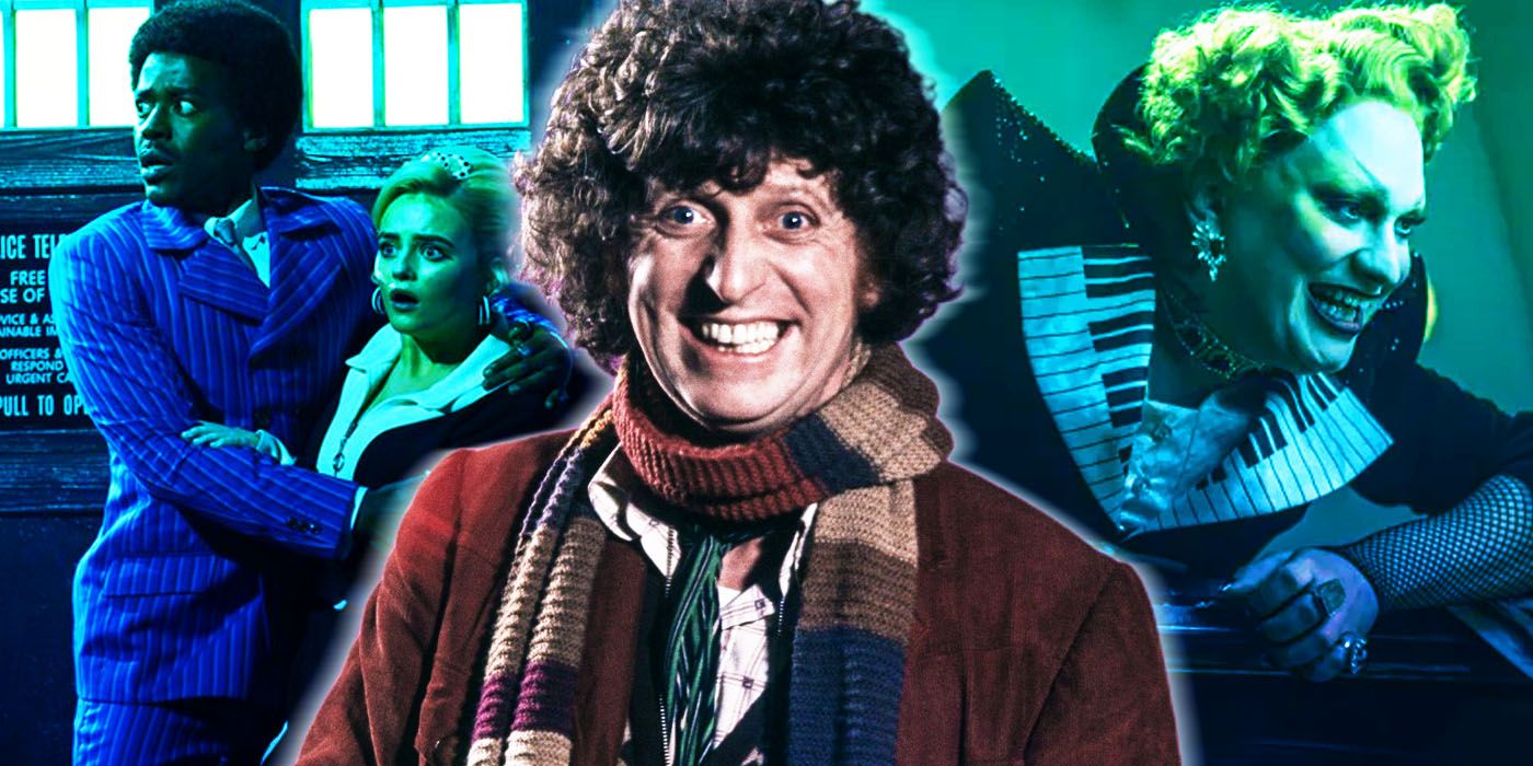 Tom Baker's Fourth Doctor in front of Ncuti Gatwa, Millie Gibson and Jinkx Monsoon in Doctor Who: The Devil's Chord.