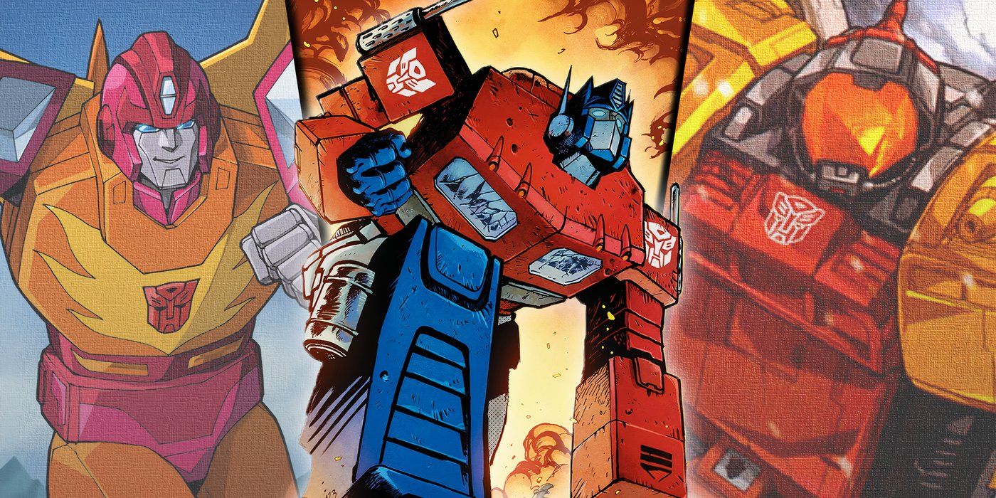 Split image of Energon's Optimus Prime with Hot Rod and Omega Supreme from Transformers comics