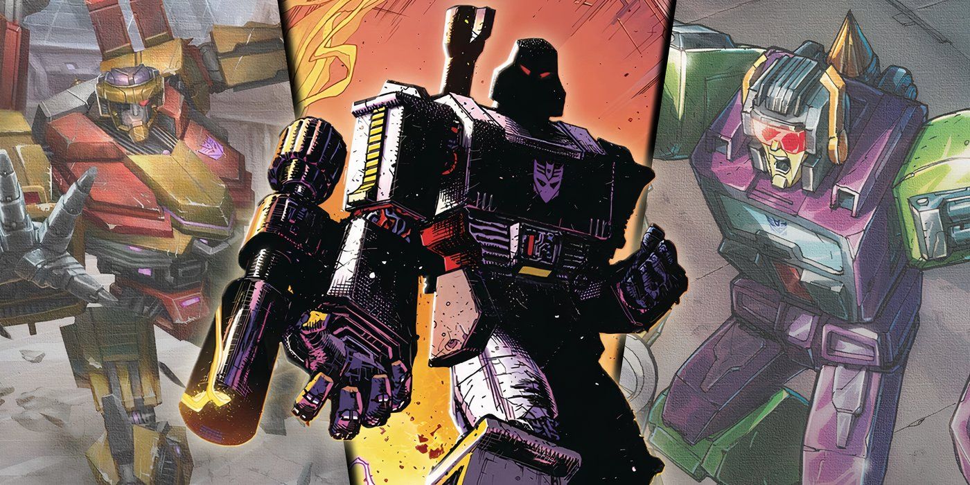 Split image of Demolisher, Megatron and Skorponok from Transformers