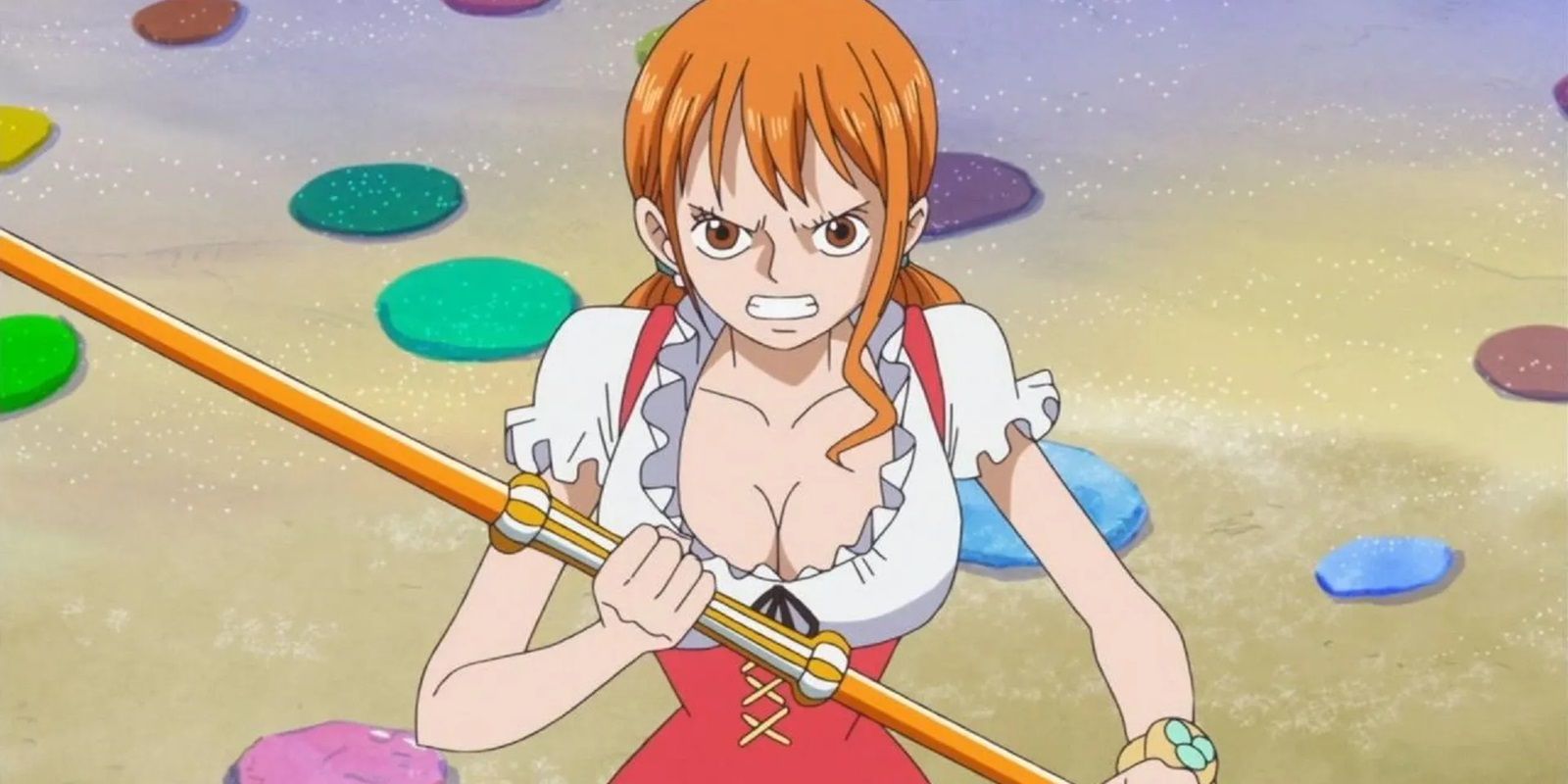 Nami from One Piece is in her red and white Whole Cake Island dress while preparing to fight.