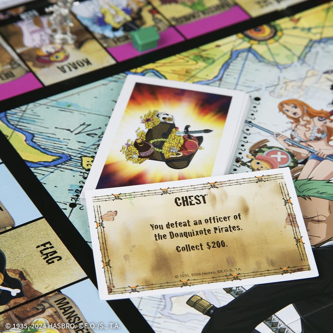 Official One Piece edition Monopoly showing Chest cards
