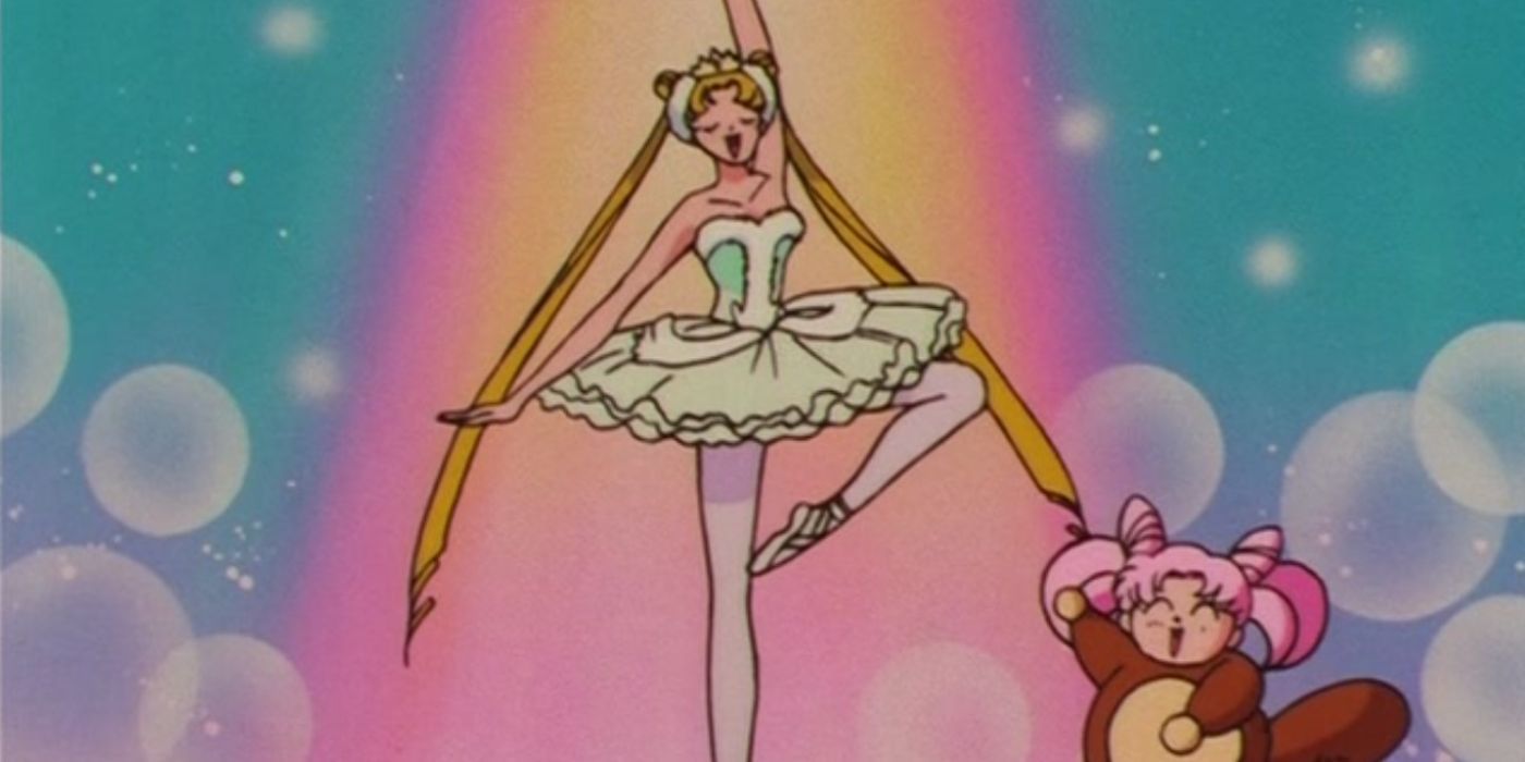 Usagi dancing in a ballet tutu and pointe shoes in Sailor Moon