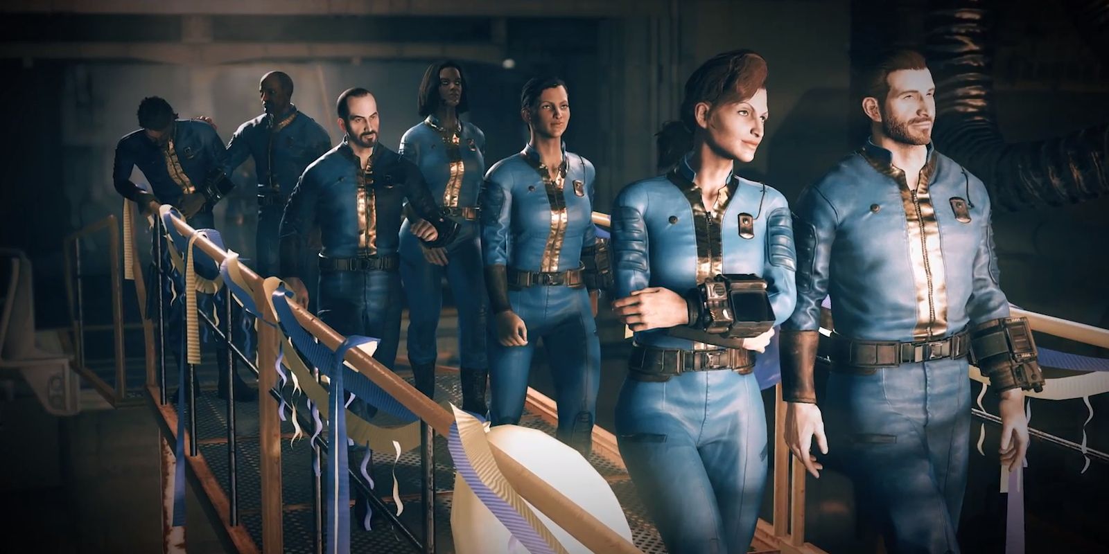 A group of Vault Dwellers line up to exit Vault 76 on Reclamation Day in Fallout 76