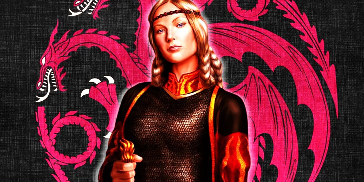 Visenya Targaryen stands in front of a House Targaryen sigil