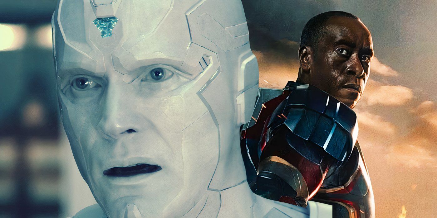 Split: White Vision (Paul Bettany) in WandaVision; War Machine (Don Cheadle) in Iron Man 3