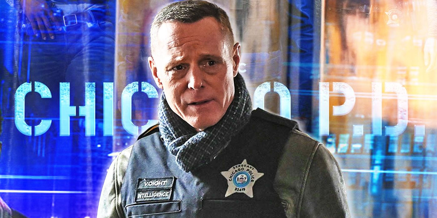 Hank Voight (actor Jason Beghe) in a police vest in front of Chicago PD logo