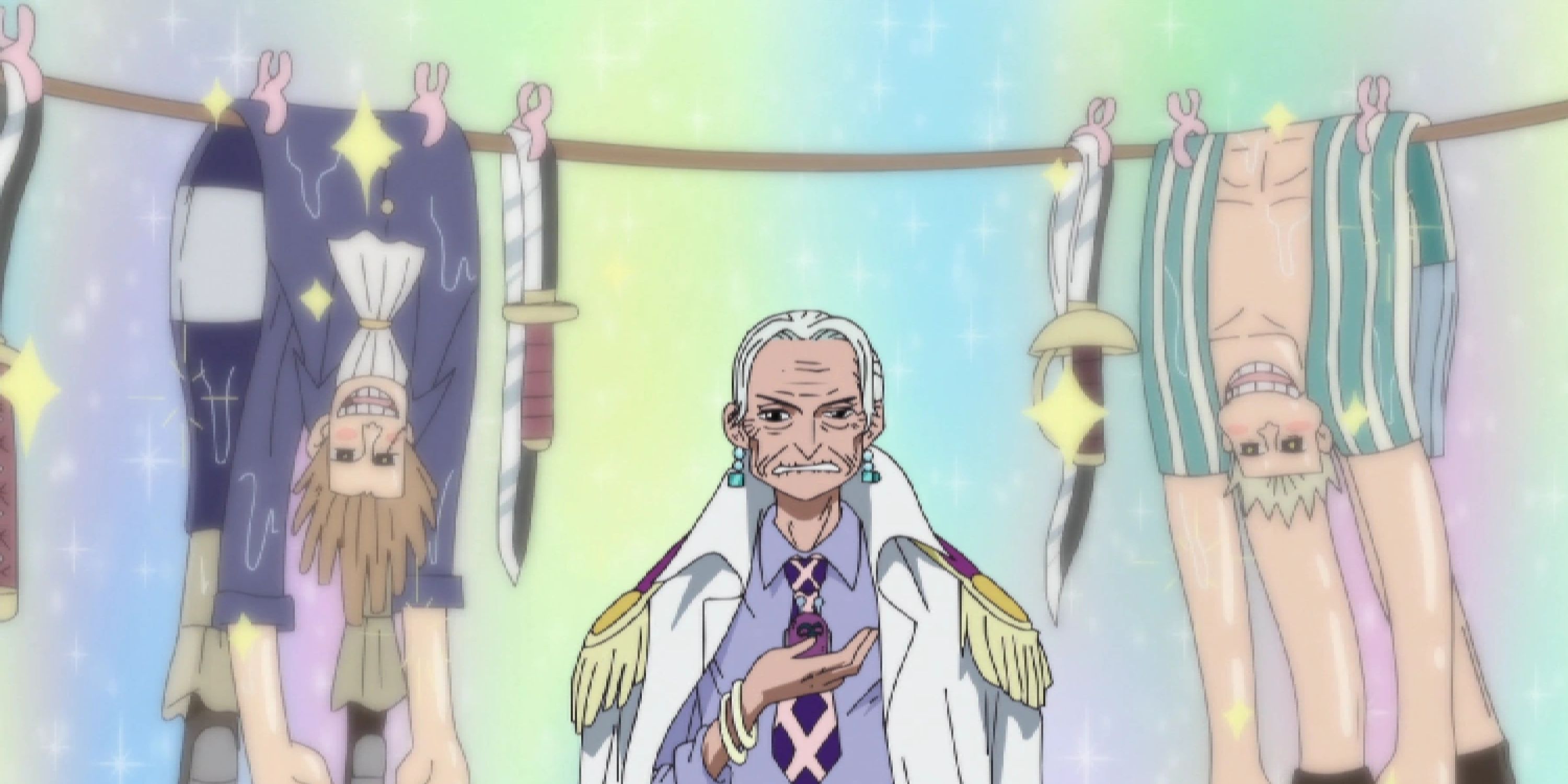 Vice-almirante Tsuru usa seus poderes Wash Wash em One Piece